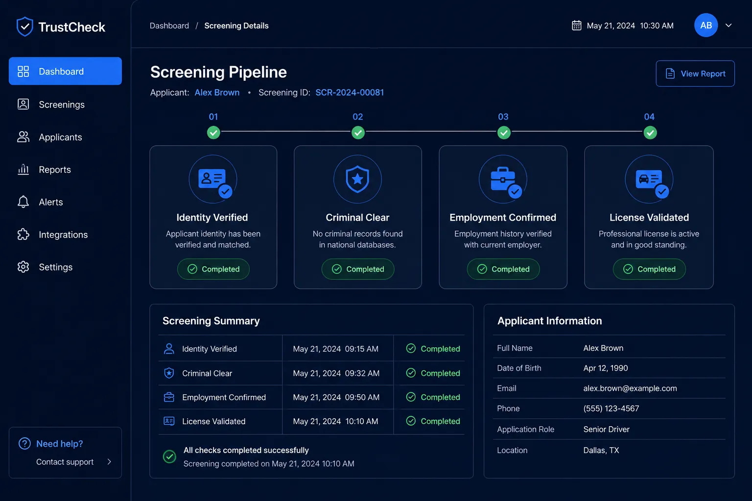 Pre-employment screening software dashboard showing candidate background check steps verified in real time