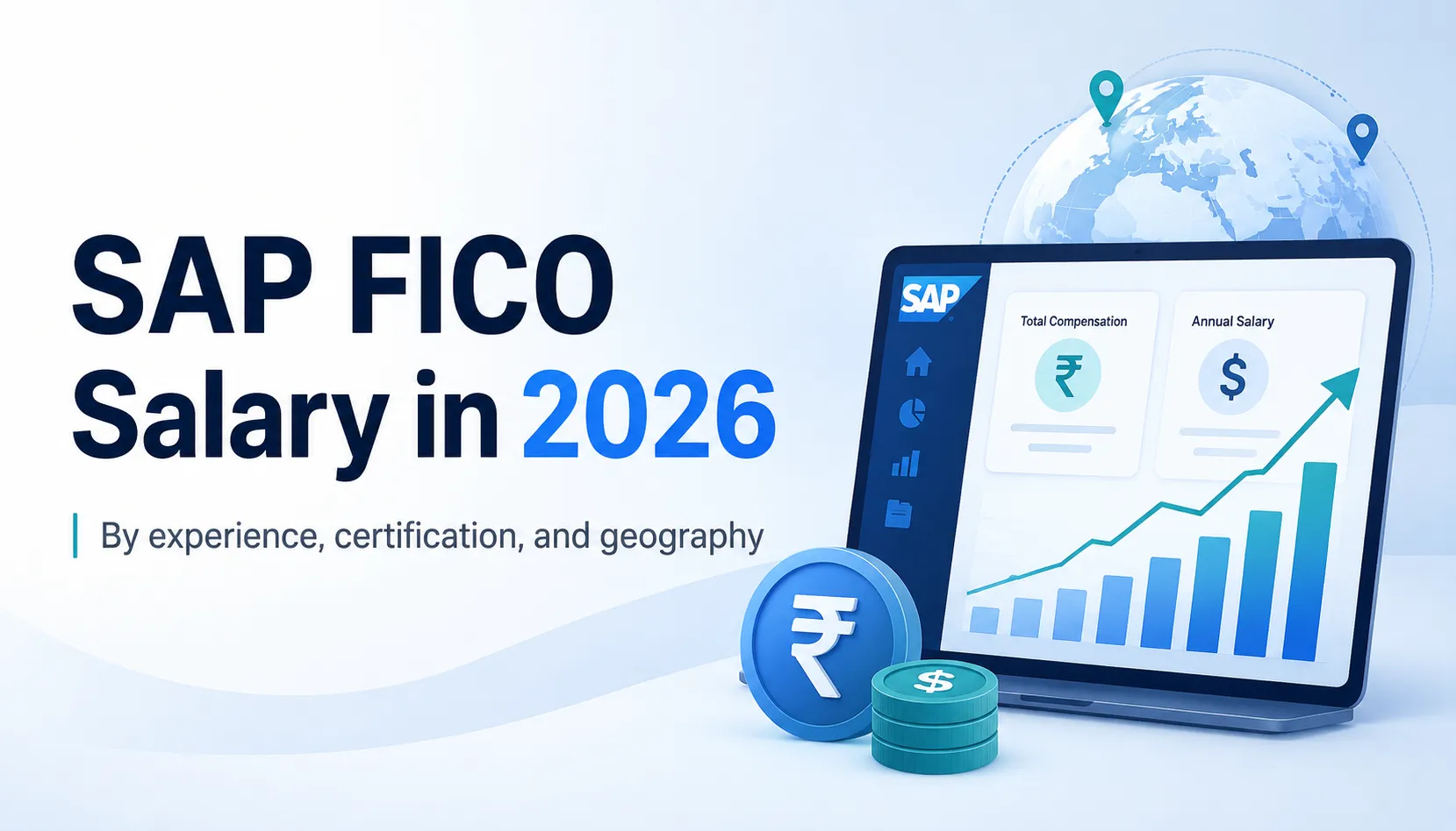 SAP FICO salary in 2026 with rising pay chart, rupee and dollar icons, certification, experience, and global growth