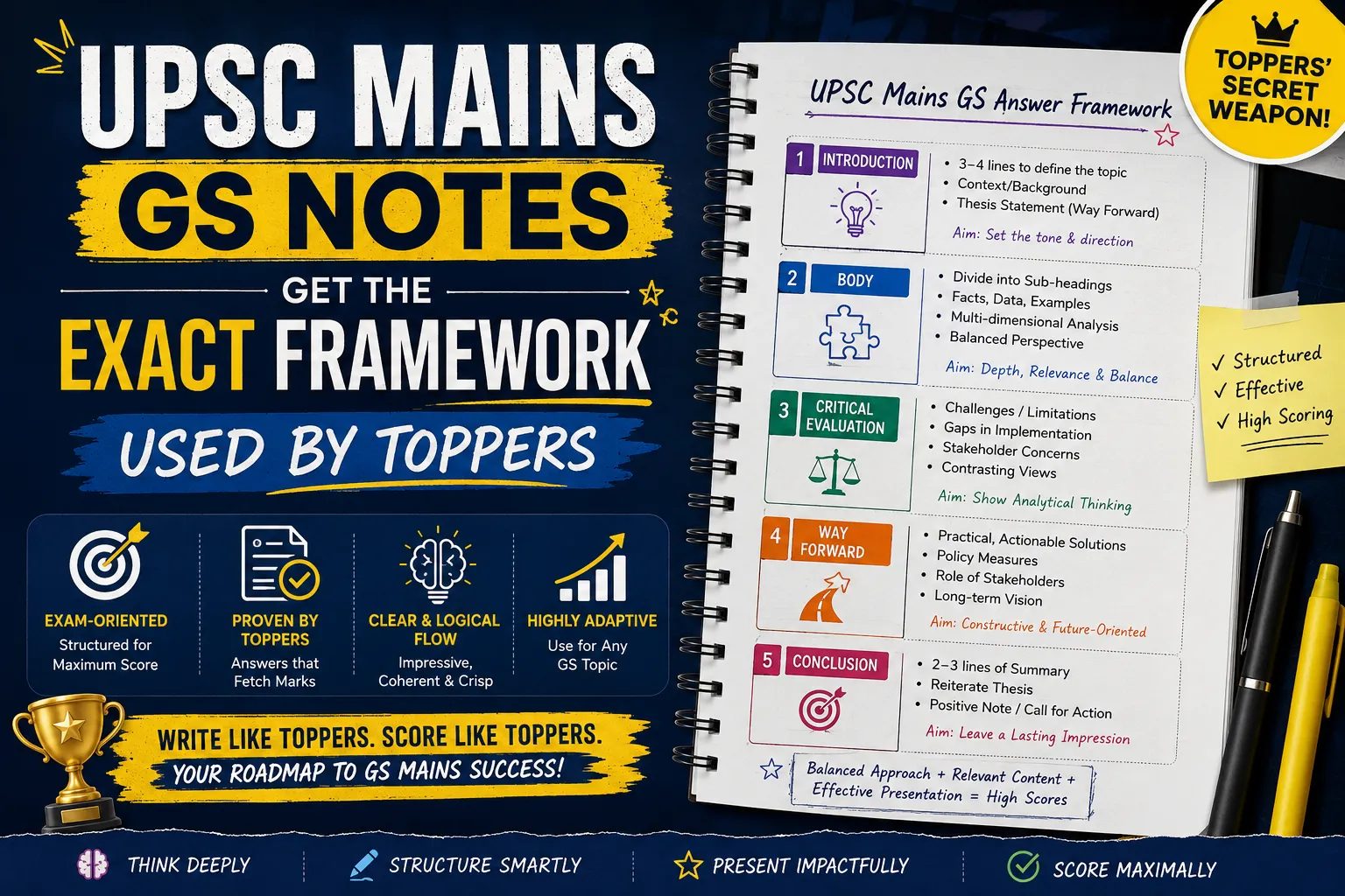 **Alt Text:** Promotional infographic for UPSC aspirants titled **"UPSC Mains GS Notes: Get the Exact Framework Used by Toppers."** The design features a dark blue and yellow color scheme with bold typography. On the left, large text highlights the offer, along with icons representing exam strategy, answer writing, logical flow, and score improvement. On the right, an open spiral notebook displays a structured UPSC Mains GS answer-writing framework divided into five sections: Introduction, Body, Critical Evaluation, Way Forward, and Conclusion. A yellow badge in the top-right corner reads “Toppers’ Secret Weapon!” Additional elements include a sticky note emphasizing structured, effective, high-scoring answers, a trophy icon, and motivational text encouraging aspirants to write and score like toppers. The overall design conveys a premium, exam-focused study resource aimed at improving UPSC Mains answer-writing performance.
