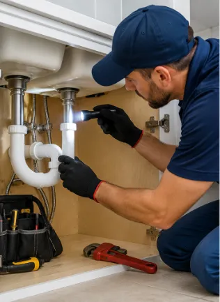 Plumber inspecting pipes and connections under a residential sink