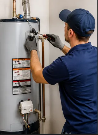 Plumber checking and servicing a residential water heater system