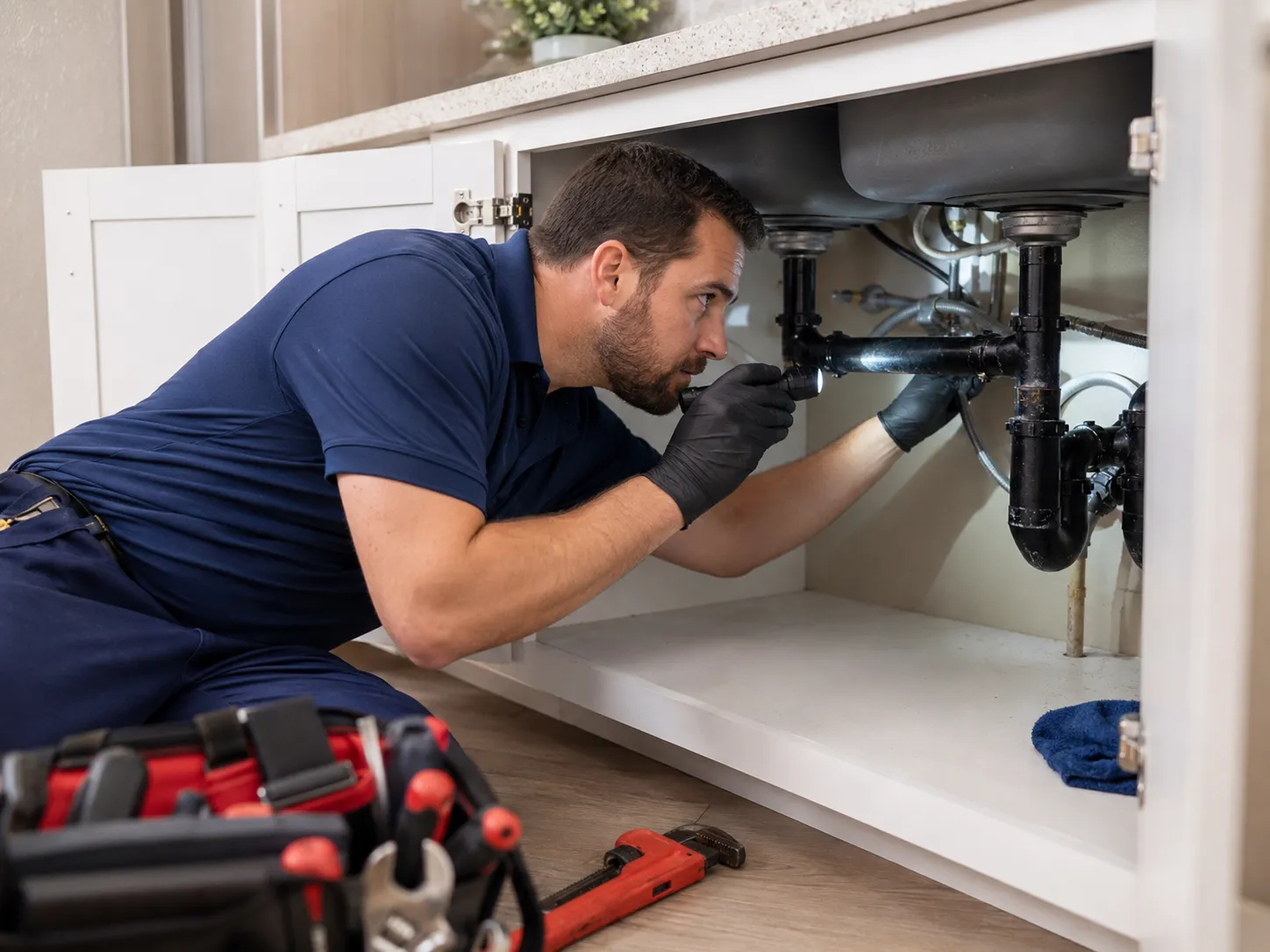 Plumber inspecting under-sink drain pipes with a flashlight