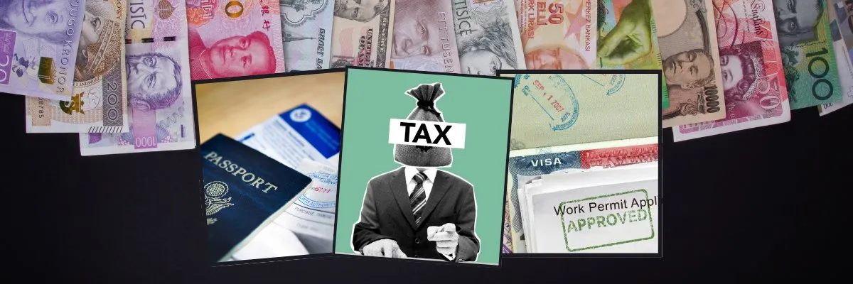Passport, visa documents, international currencies, and tax-related paperwork representing the challenges of global tax planning for expats, digital nomads, and professionals managing cross-border finances and international tax obligations.
