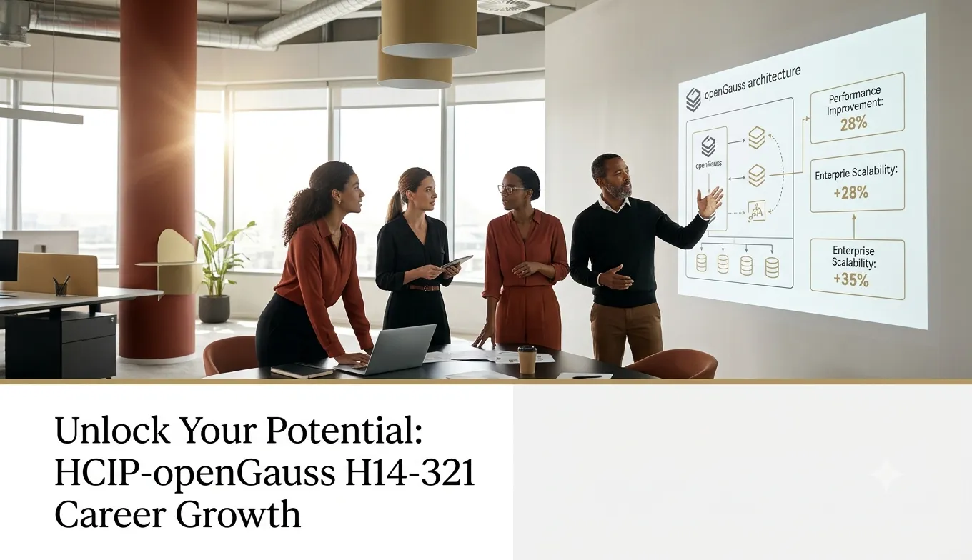 A diverse group of professionals collaborating in a modern office, discussing openGauss architecture and business strategy, symbolizing career growth and the value of HCIP-openGauss certification.
