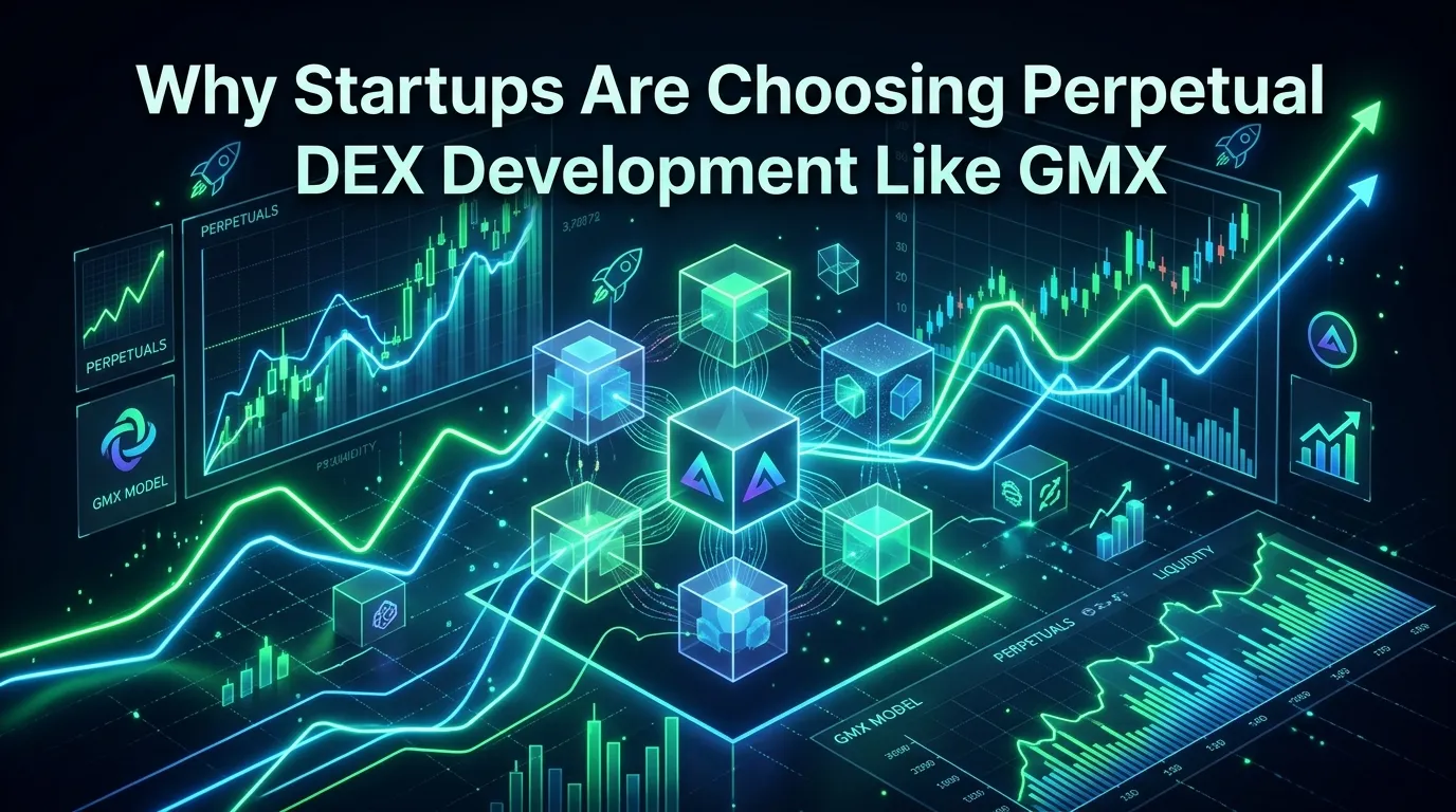 Create a Blog Banner image for"Why Startups Are Choosing Perpetual DEX Development Like GMX: Key Benefits and Market Opportunities"