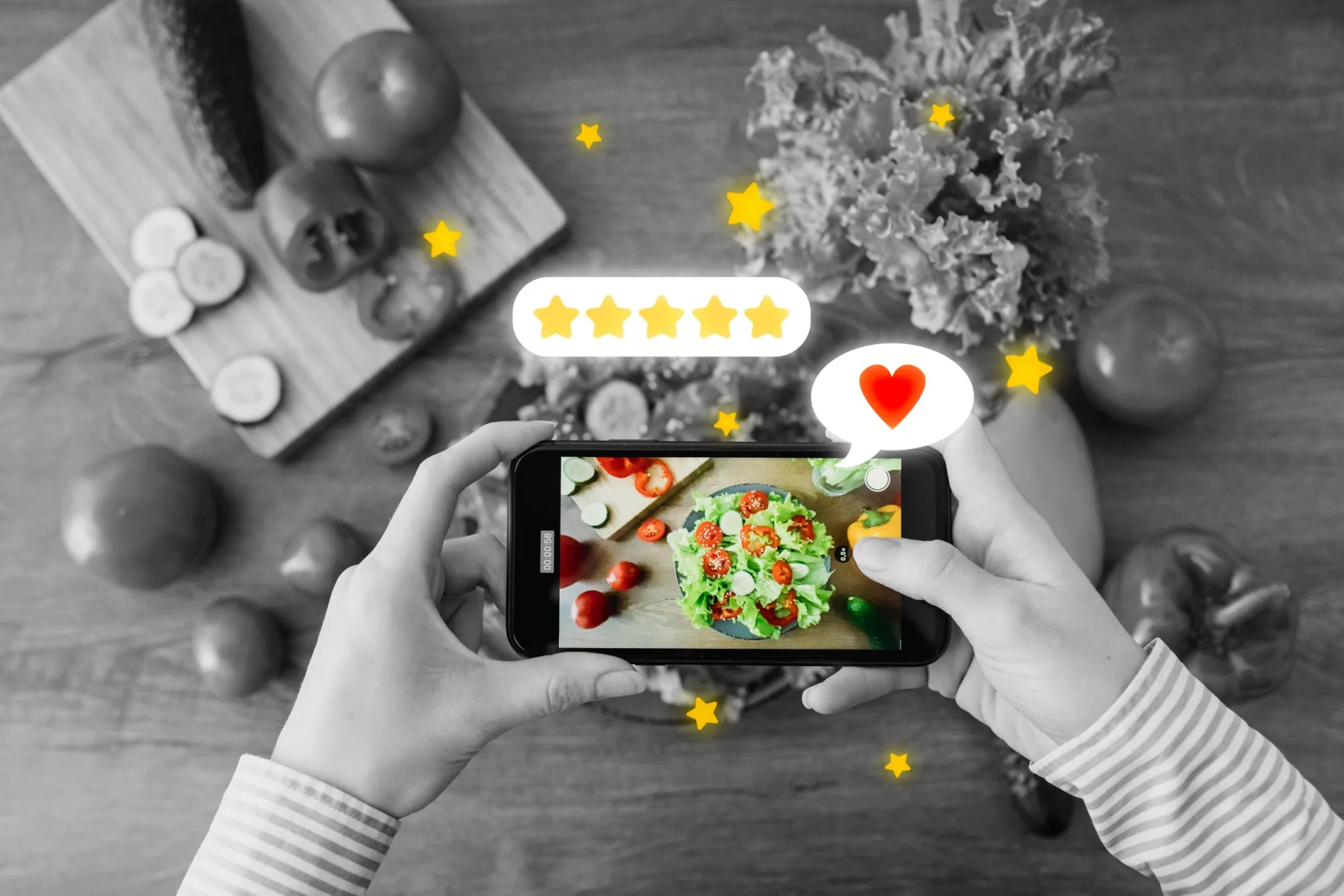 Person photographing a colorful salad with a smartphone, surrounded by five-star rating and heart icons.