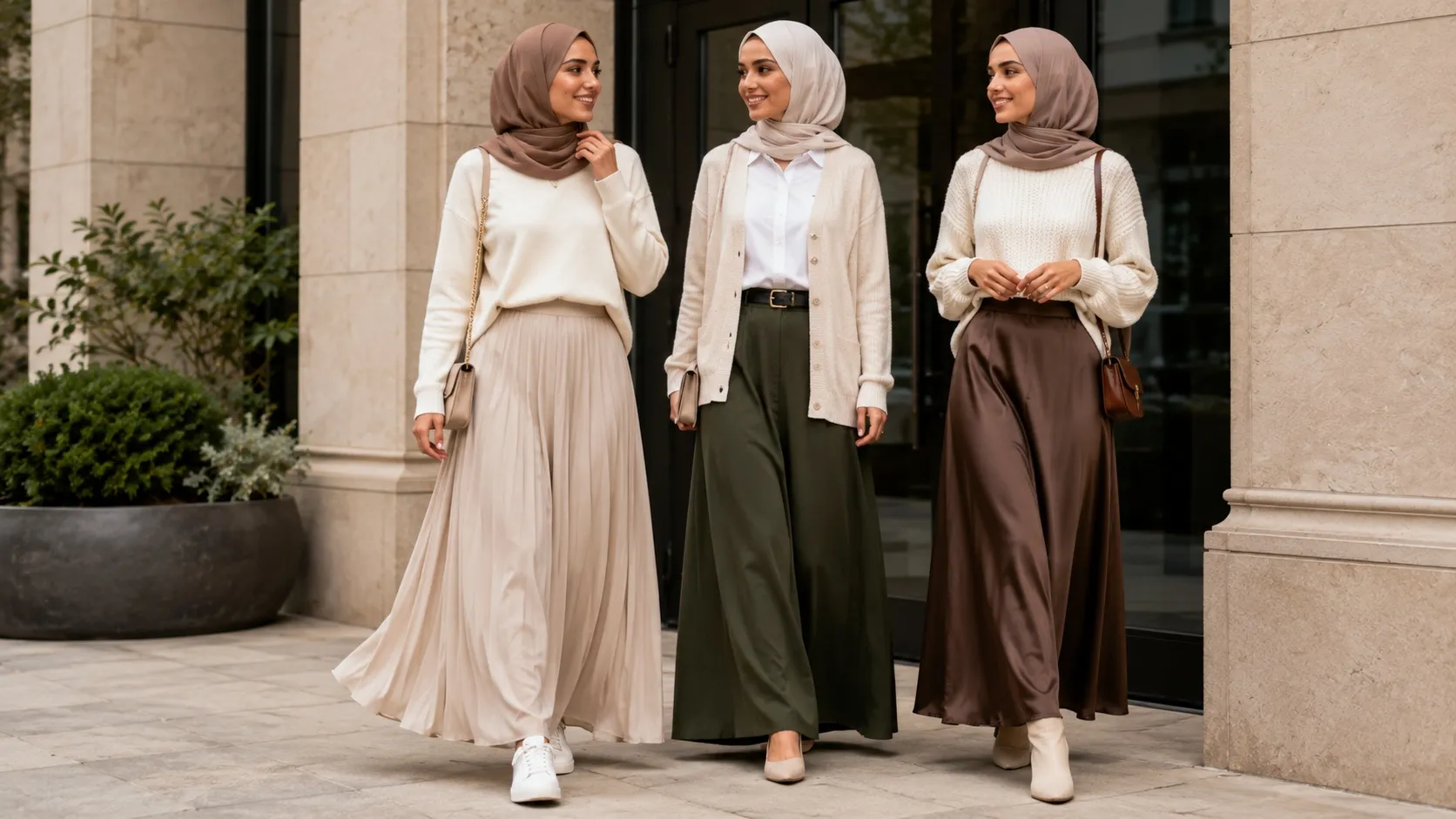 Women modeling long modest skirts with hijabs in neutral colors, demonstrating elegant modest fashion, modest maxi skirts, and everyday stylish wardrobe essentials.