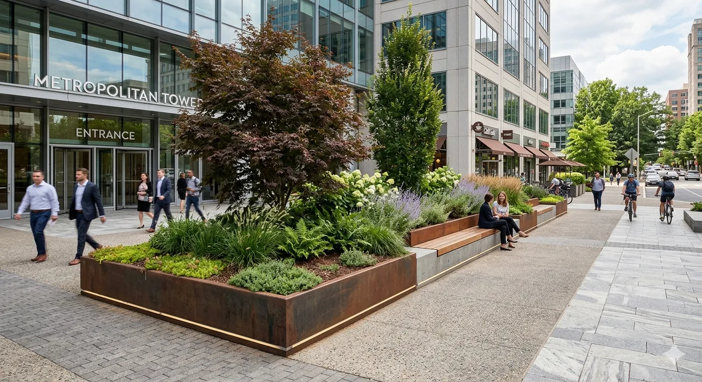 Corten steel planters with integrated wooden bench seating are filled with plants outside the Metropolitan Tower entrance, where people are walking.