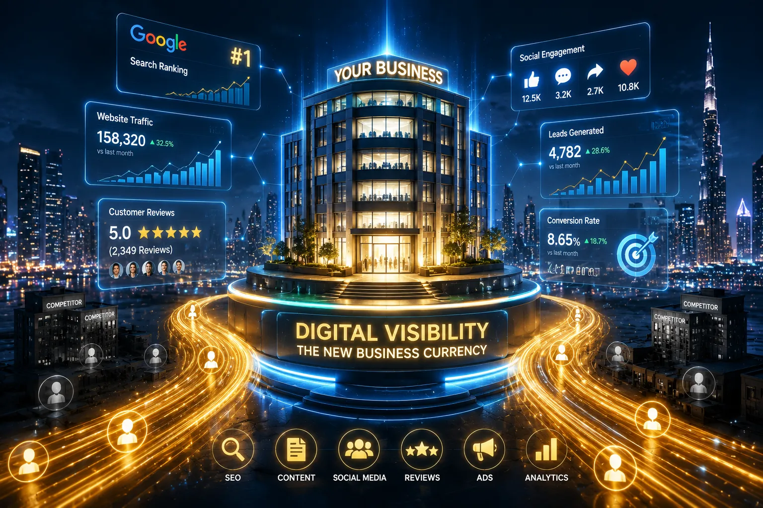 Futuristic business headquarters illuminated on a digital platform with SEO rankings, website traffic analytics, customer reviews, social media engagement metrics, and lead generation data. Golden streams of online customers flow toward the business while less visible competitors remain in the shadows, symbolizing the power of digital visibility.