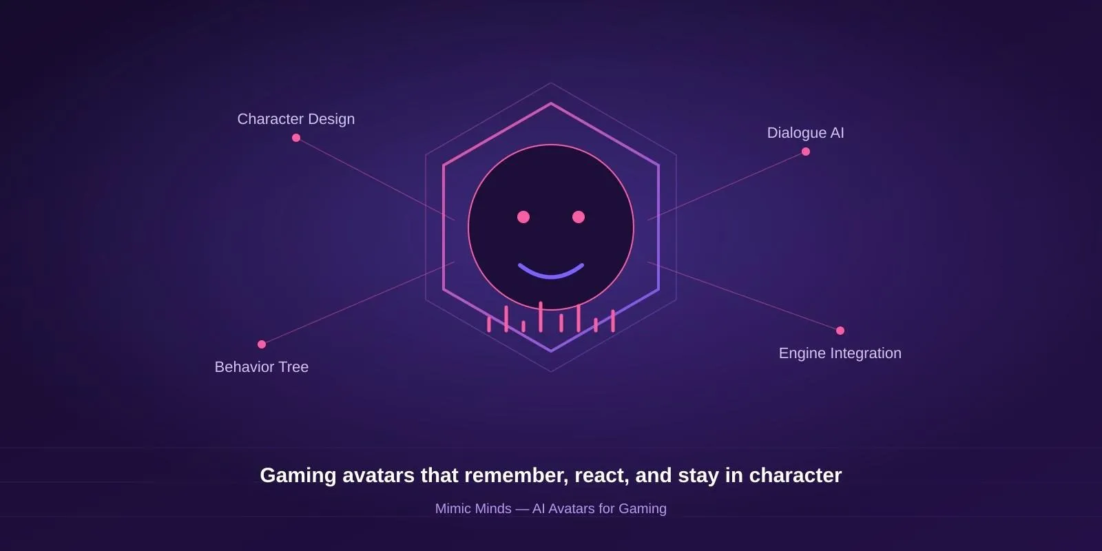 A stylized gaming avatar rendered through an AI NPC pipeline, representing AI avatars for gaming with dialogue AI and behavior tree integration.