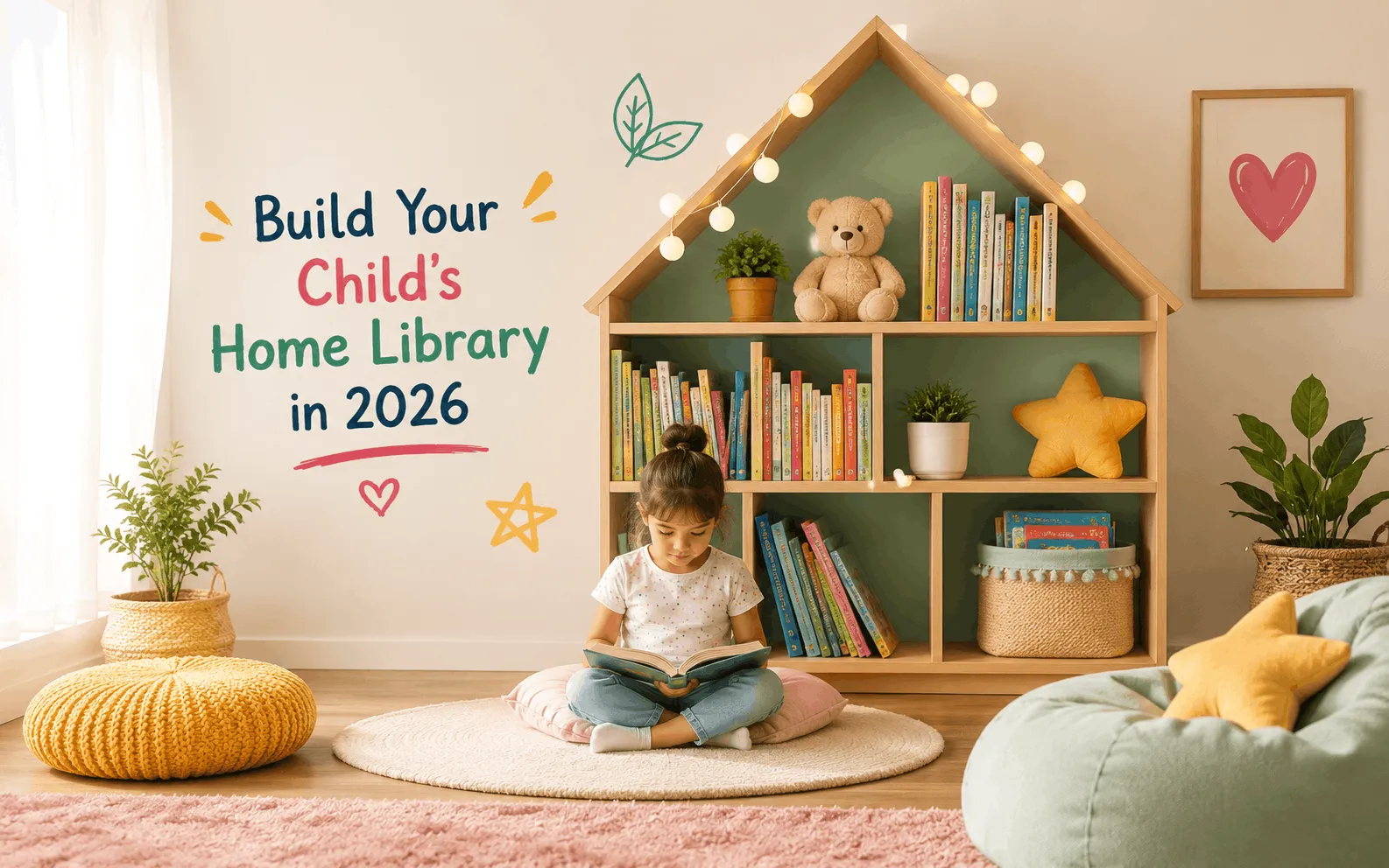 Kids home library 2026 setup with cozy reading corner, bookshelf, and child reading in a warm and minimal home library design