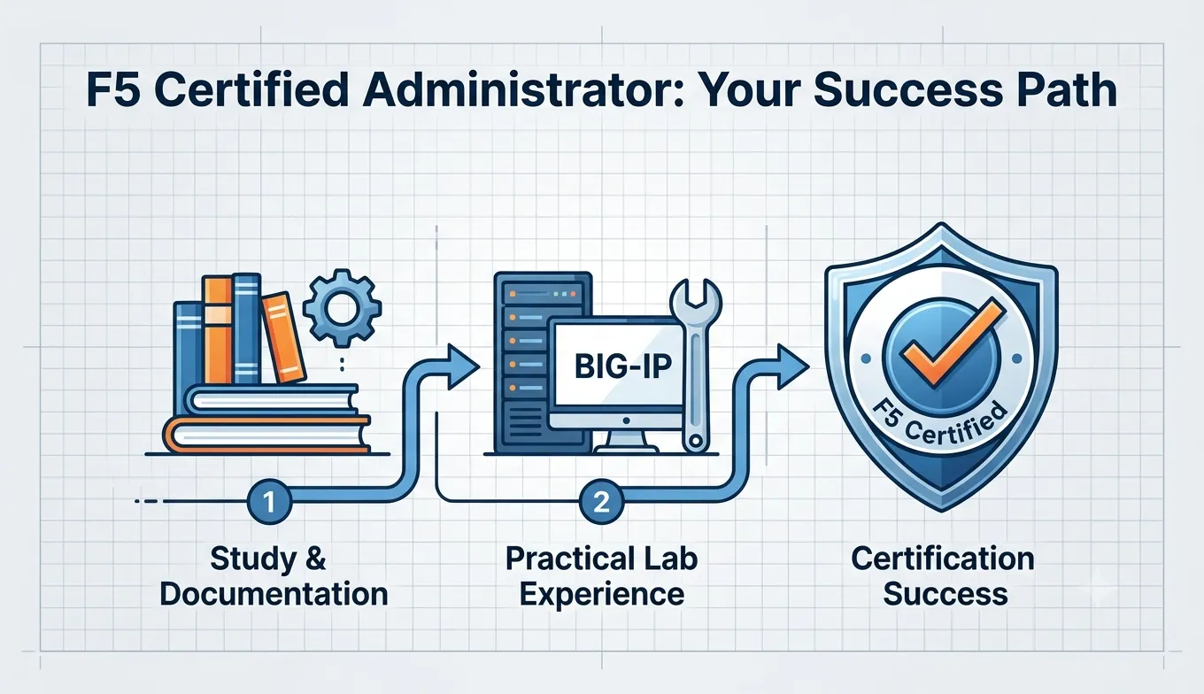 A clean and simple infographic blueprint titled "F5 Certified Administrator: Your Success Path" on a light grid background. The graphic illustrates a linear journey towards certification success in three steps: Step 1 features a stack of books and a gear icon labeled "Study & Documentation"; an arrow points to Step 2, which shows a server rack, a computer monitor displaying "BIG-IP", and a wrench labeled "Practical Lab Experience"; a final arrow points to a secure blue shield with a checkmark badge, labeled "Certification Success".
