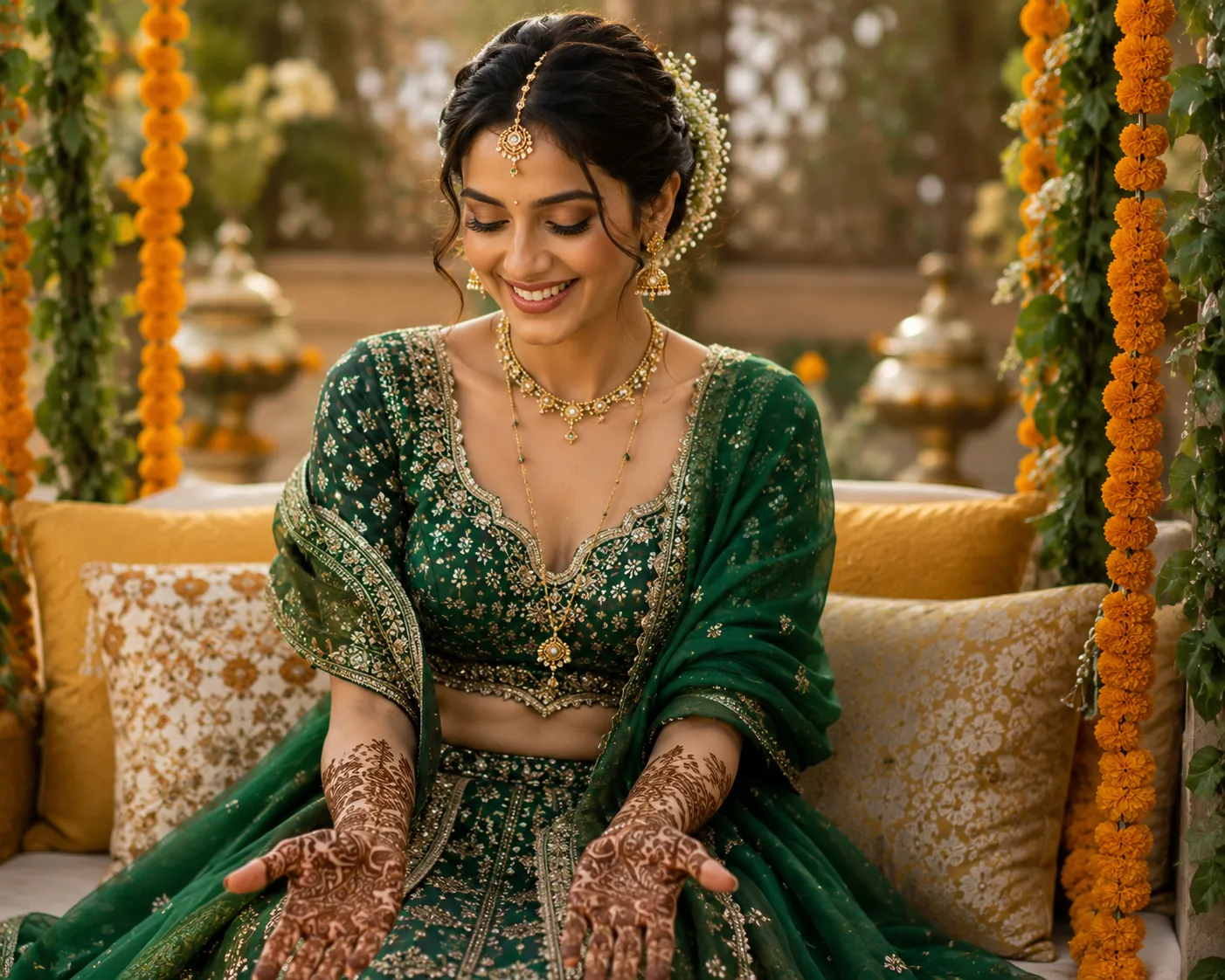 Indian bride sitting during Mehendi ceremony.