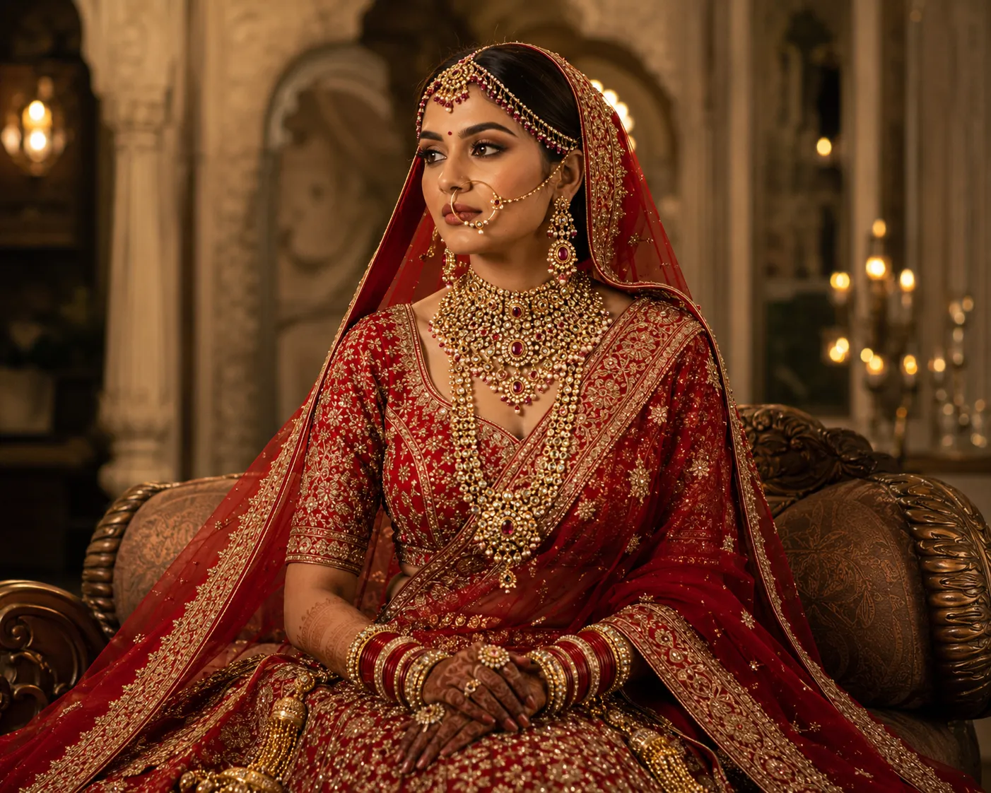 Traditional Indian bride in luxurious red bridal lehenga.