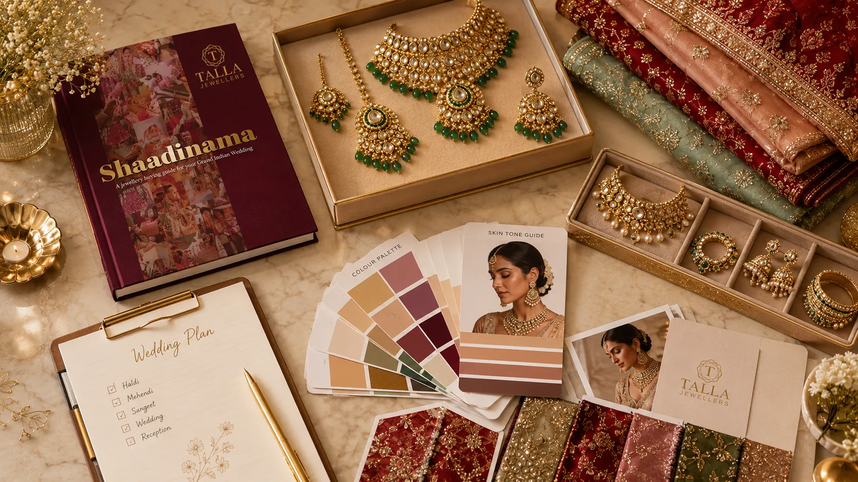 Bridal jewellery and wedding planning flatlay
