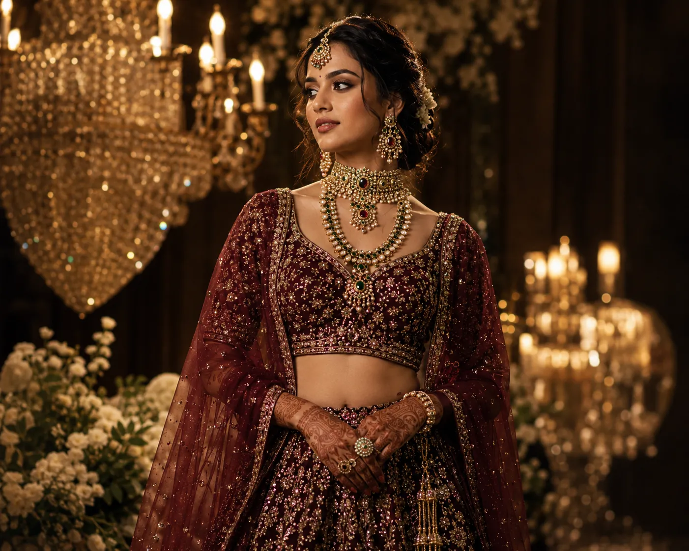 Glamorous Indian bride wearing deep jewel tone lehenga.