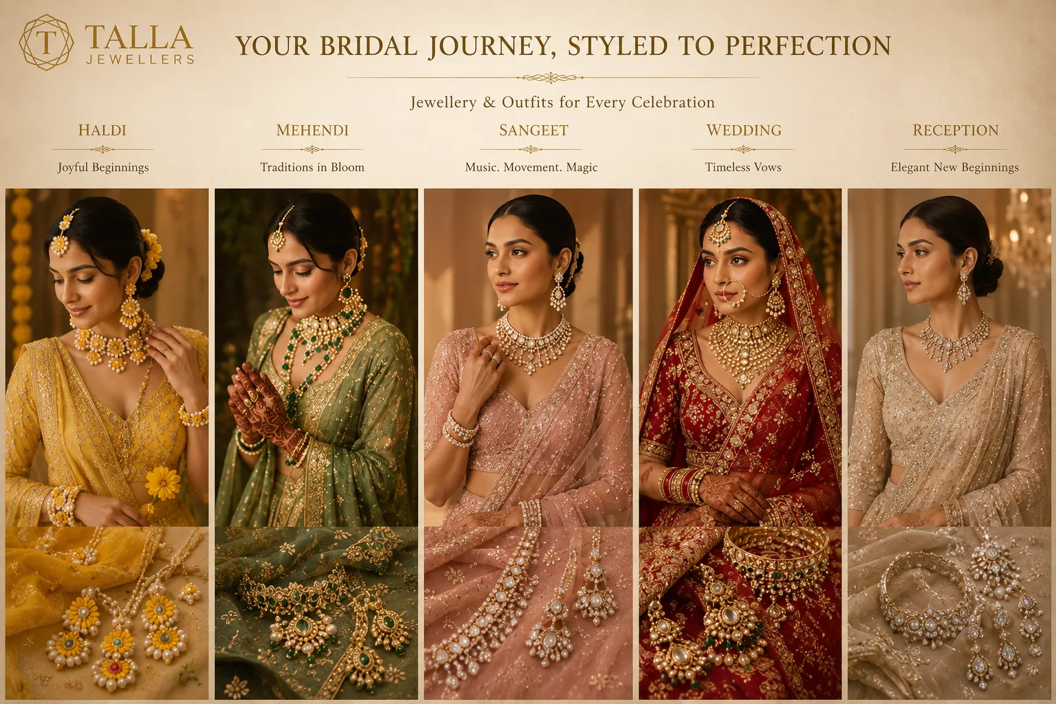 Five Indian bridal outfits arranged side by side.