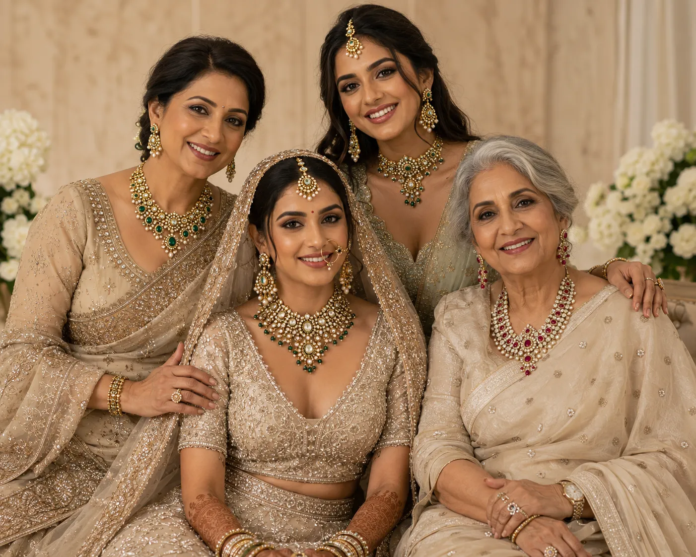 Indian wedding family portrait. Bride, mother, sister and grandmother.