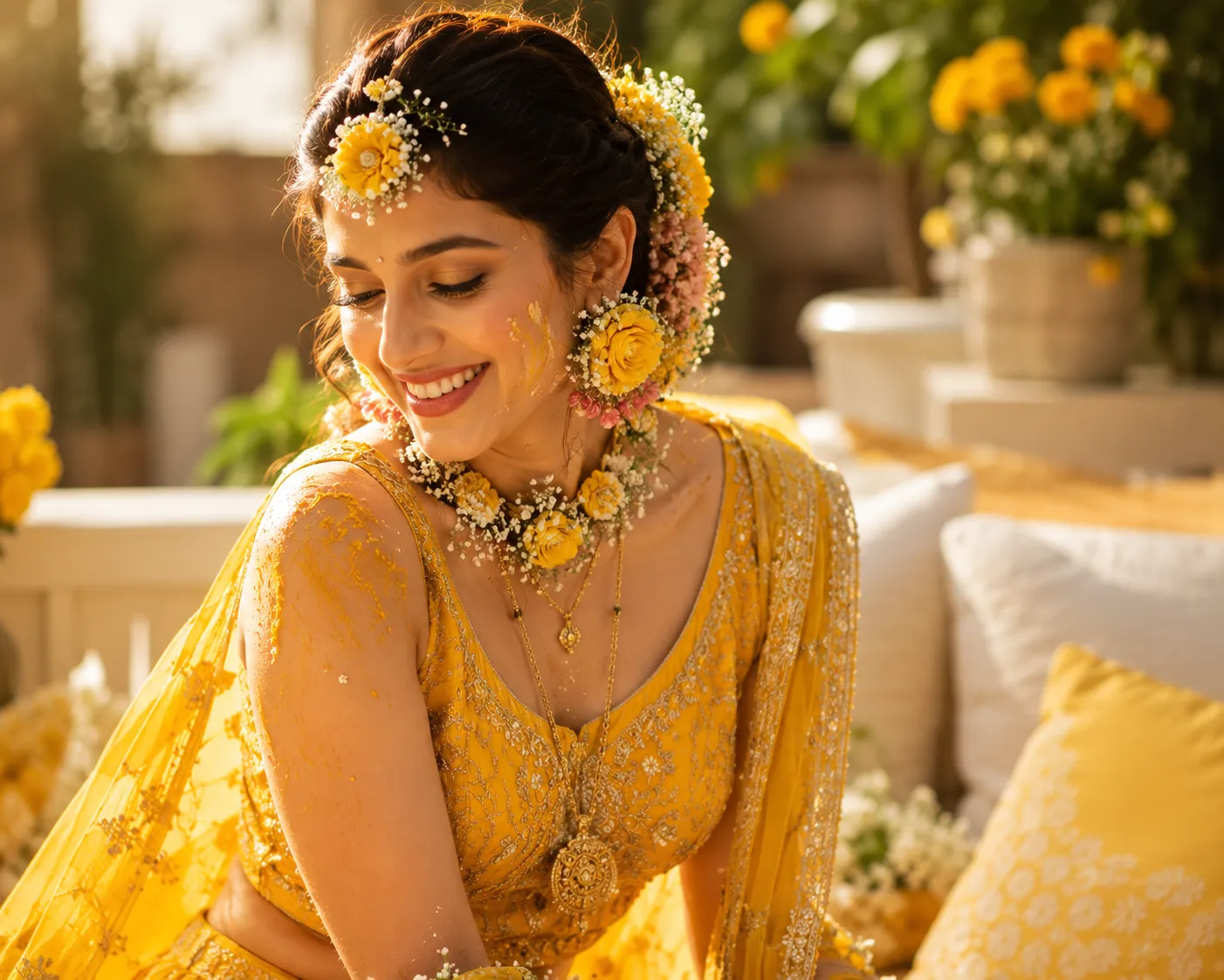 Indian bride wearing yellow Haldi outfit.