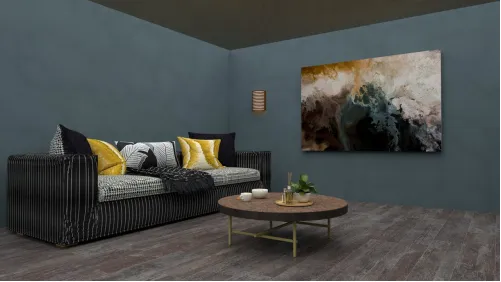 A sophisticated living room featuring a large abstract painting.