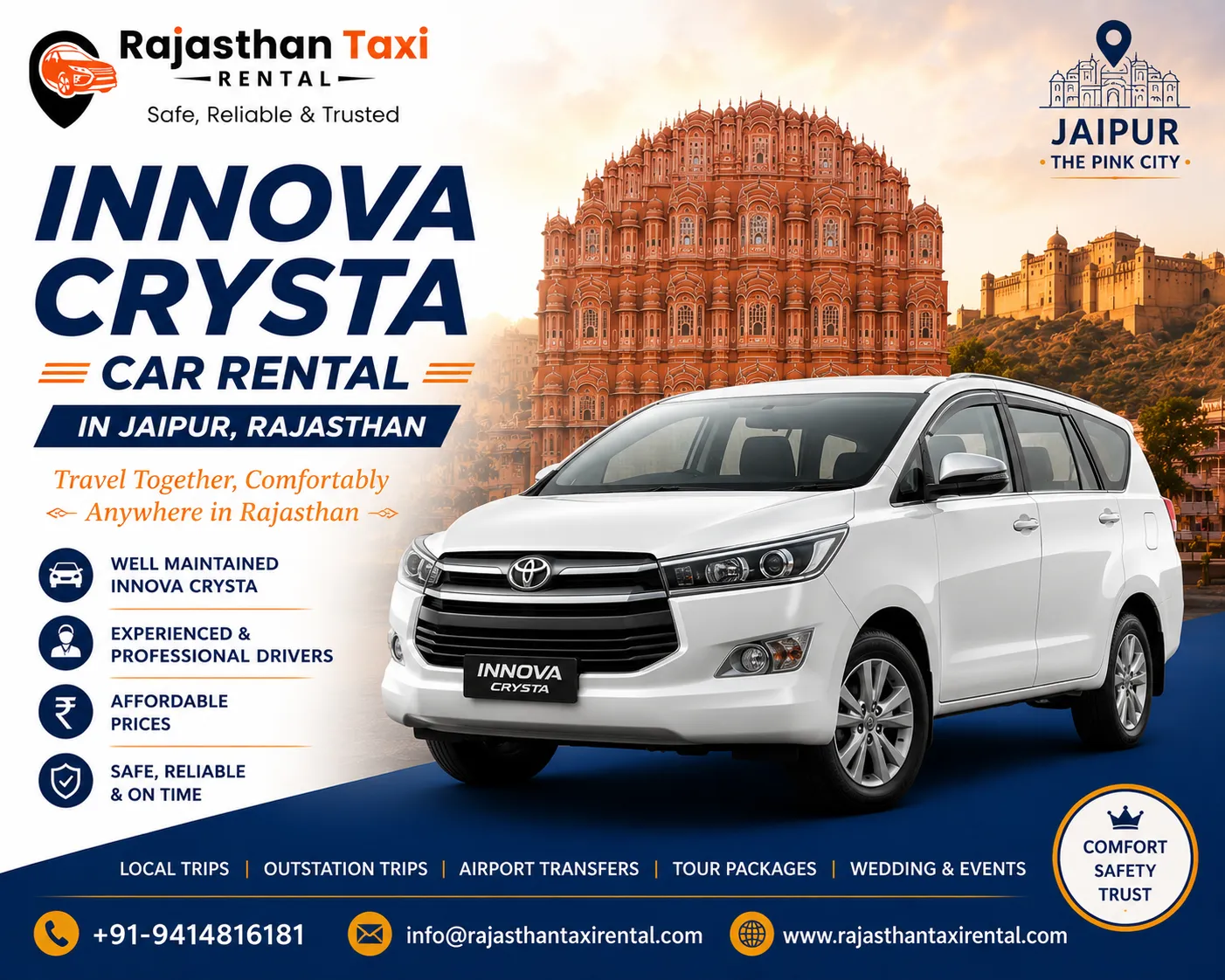 Innova Crysta Car Rental in Jaipur: Comfort & Reliability