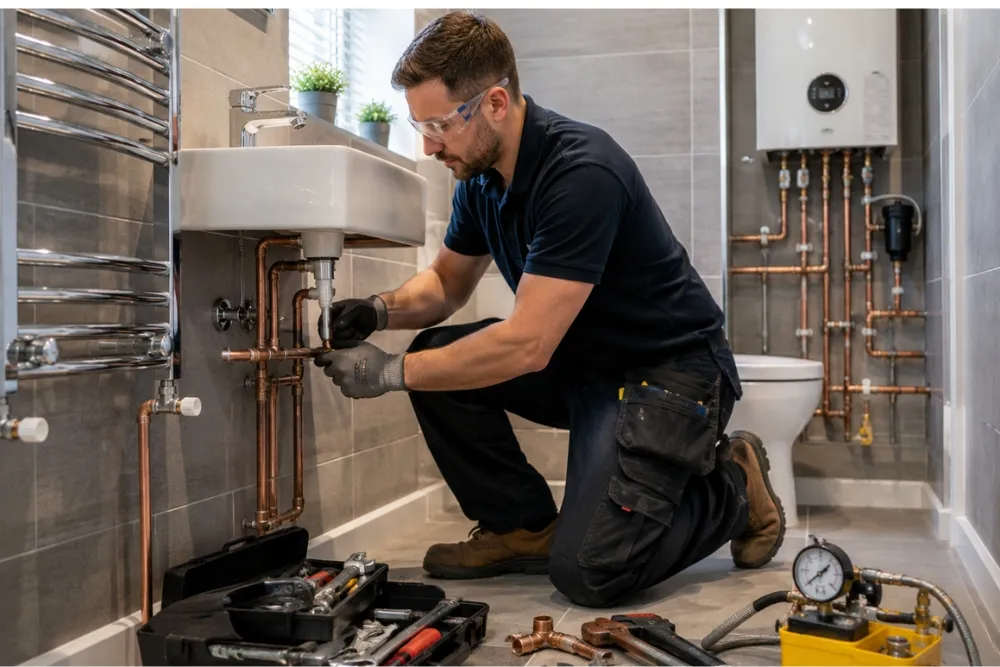 A plumber is working