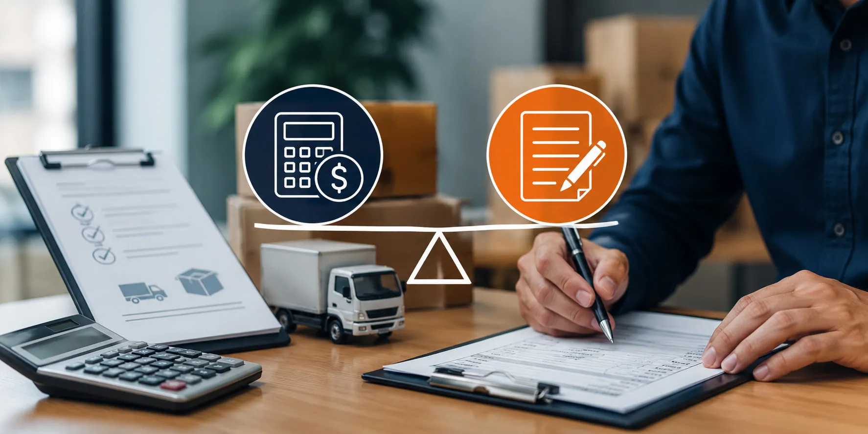 Professional moving cost comparison concept showing a calculator, paperwork, moving boxes, a removal truck, and quote and estimate icons representing removalist quotes versus moving estimates.