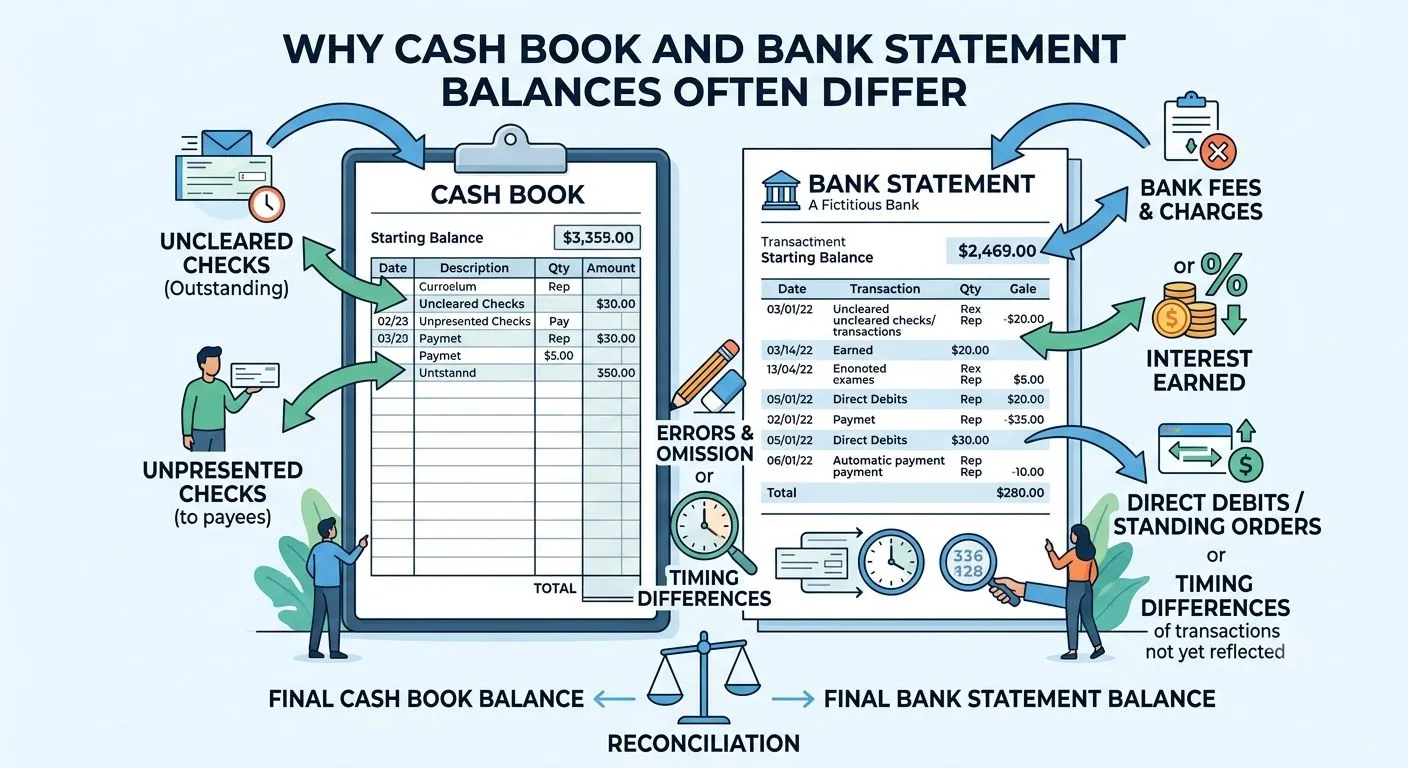 Why Cash Book and Bank Statement Balances Often Differ