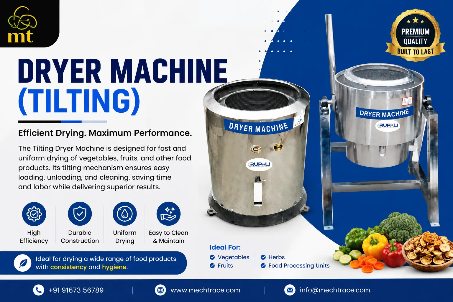 Dryer Machine Tilting, 5 Litre Commercial Mixer Grinder, Regular Potato Wafer Machine & Wet Dal Grinder – Premium Food Processing Solutions by Mechtrace
