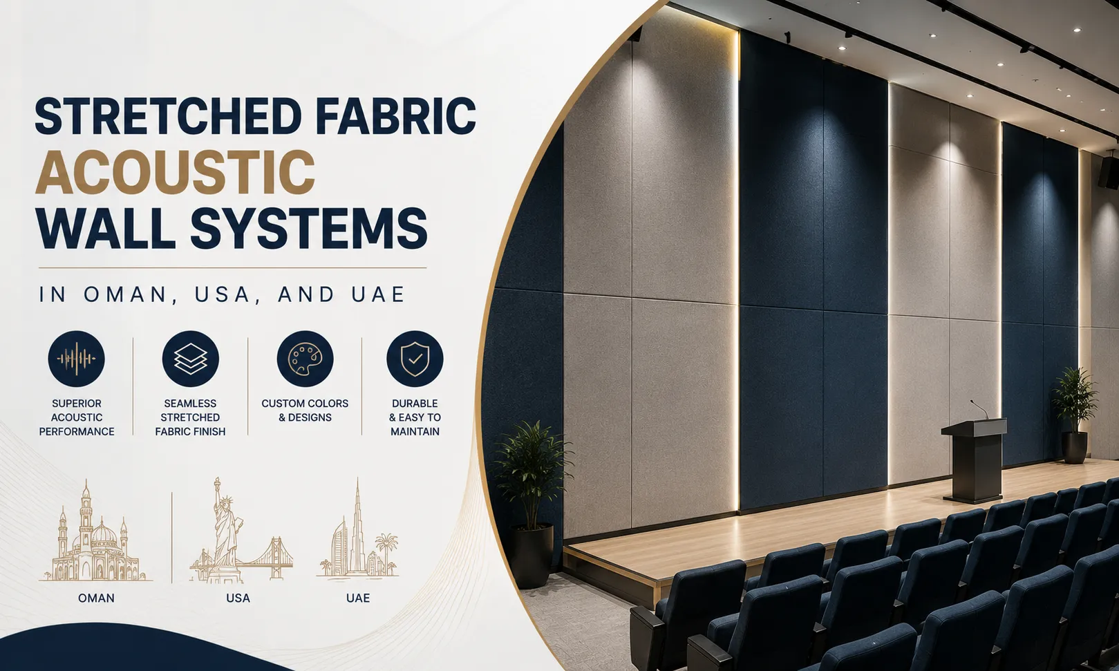 Stretched Fabric Acoustic Wall Systems in Oman, USA, and UAE