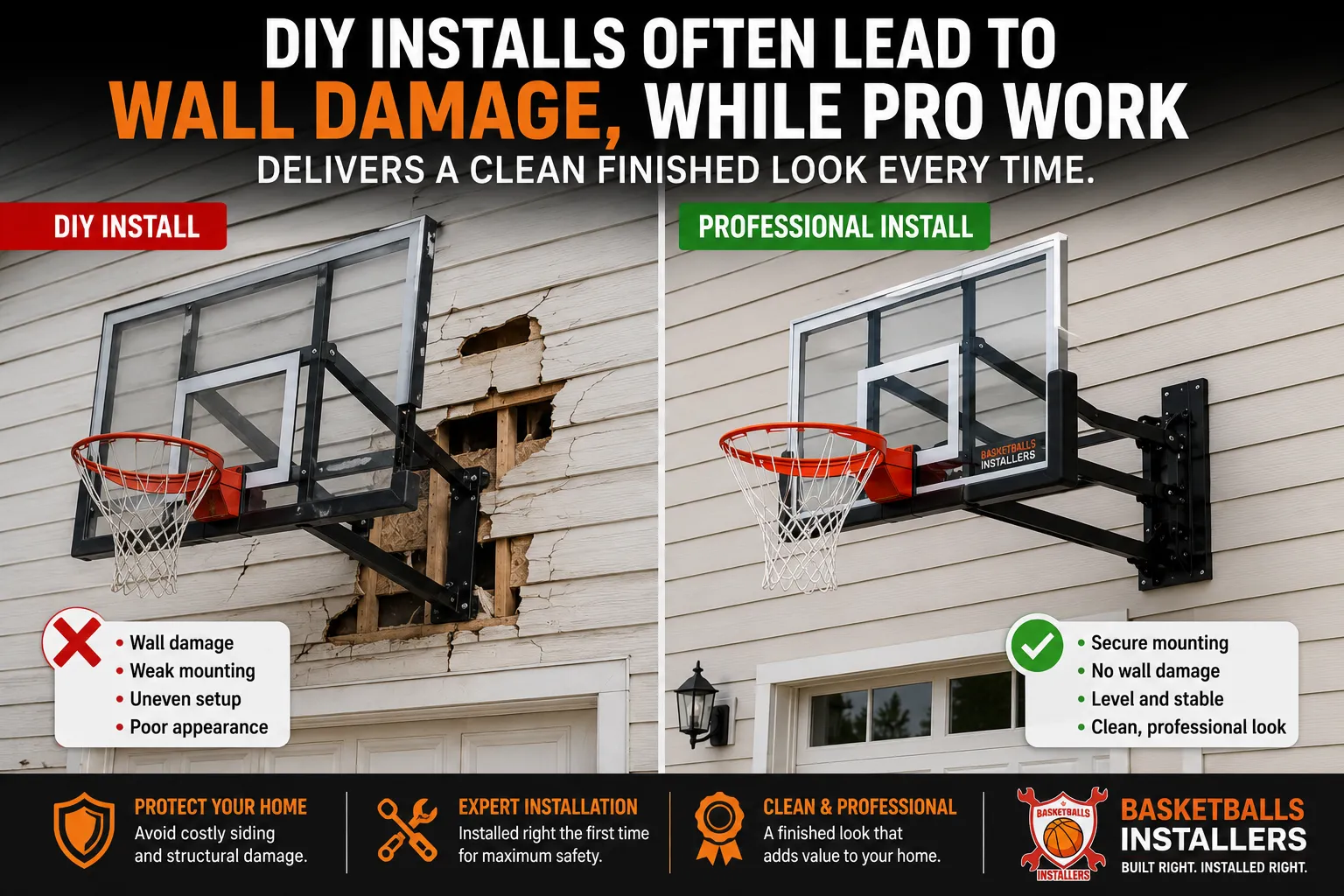DIY installs often lead to wall damage, while pro work delivers a clean finished look every time.