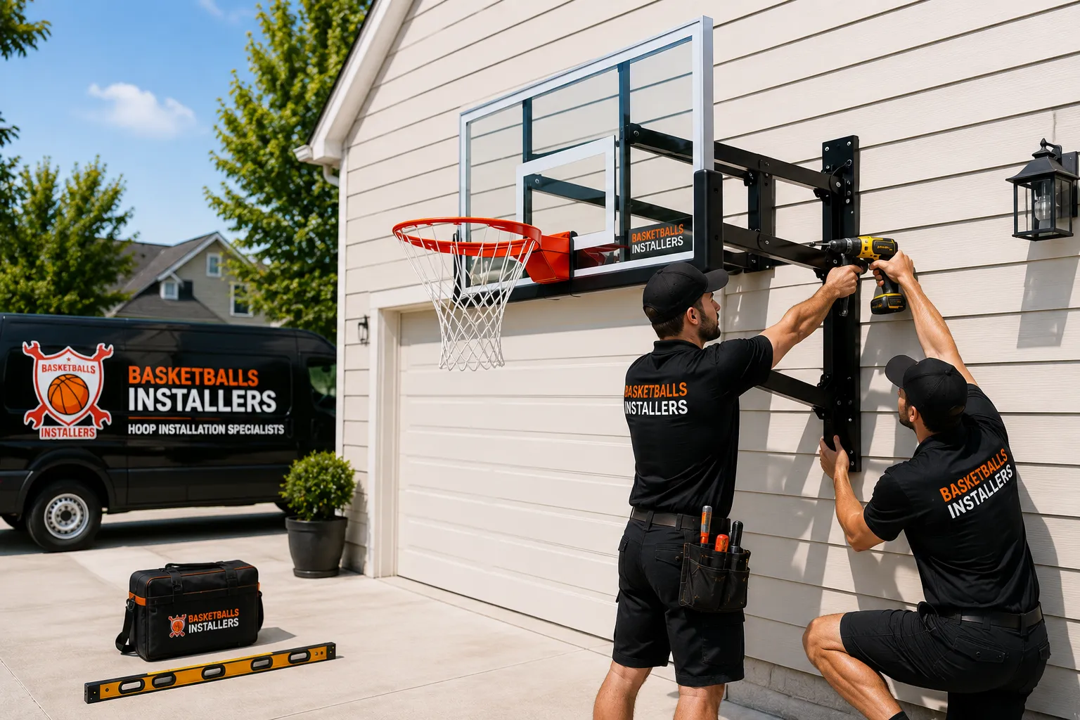 A pro crew makes wall-mounted basketball hoop installation safe, simple, and clean.