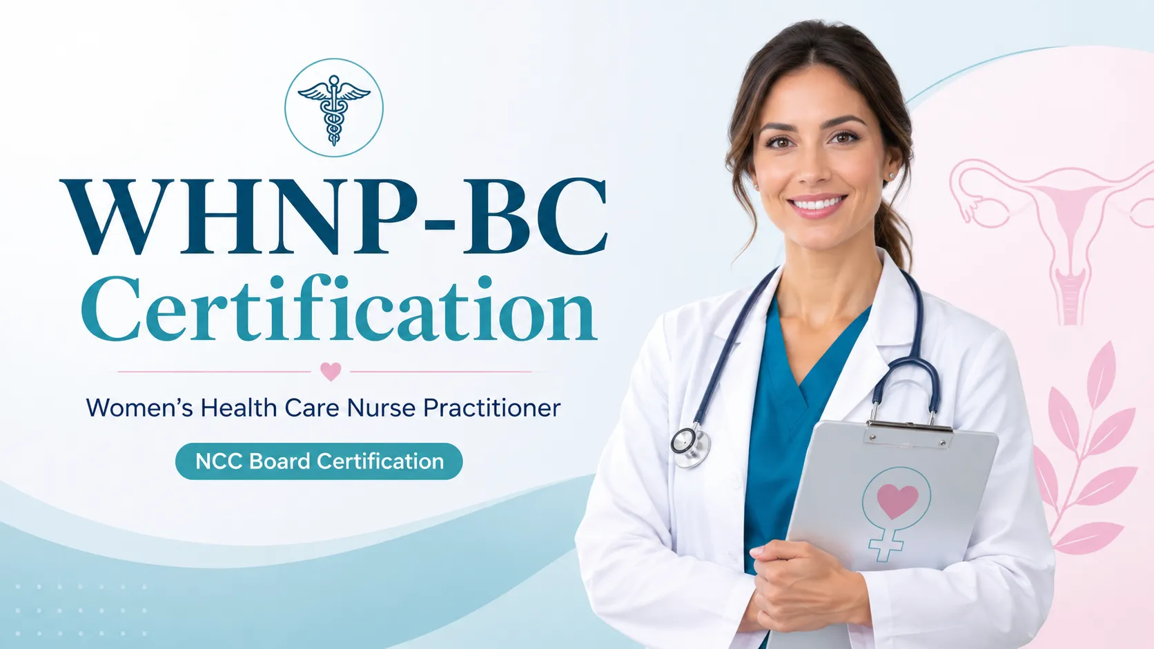 WHNP-BC certification feature image with smiling nurse practitioner and women’s health care medical icons.