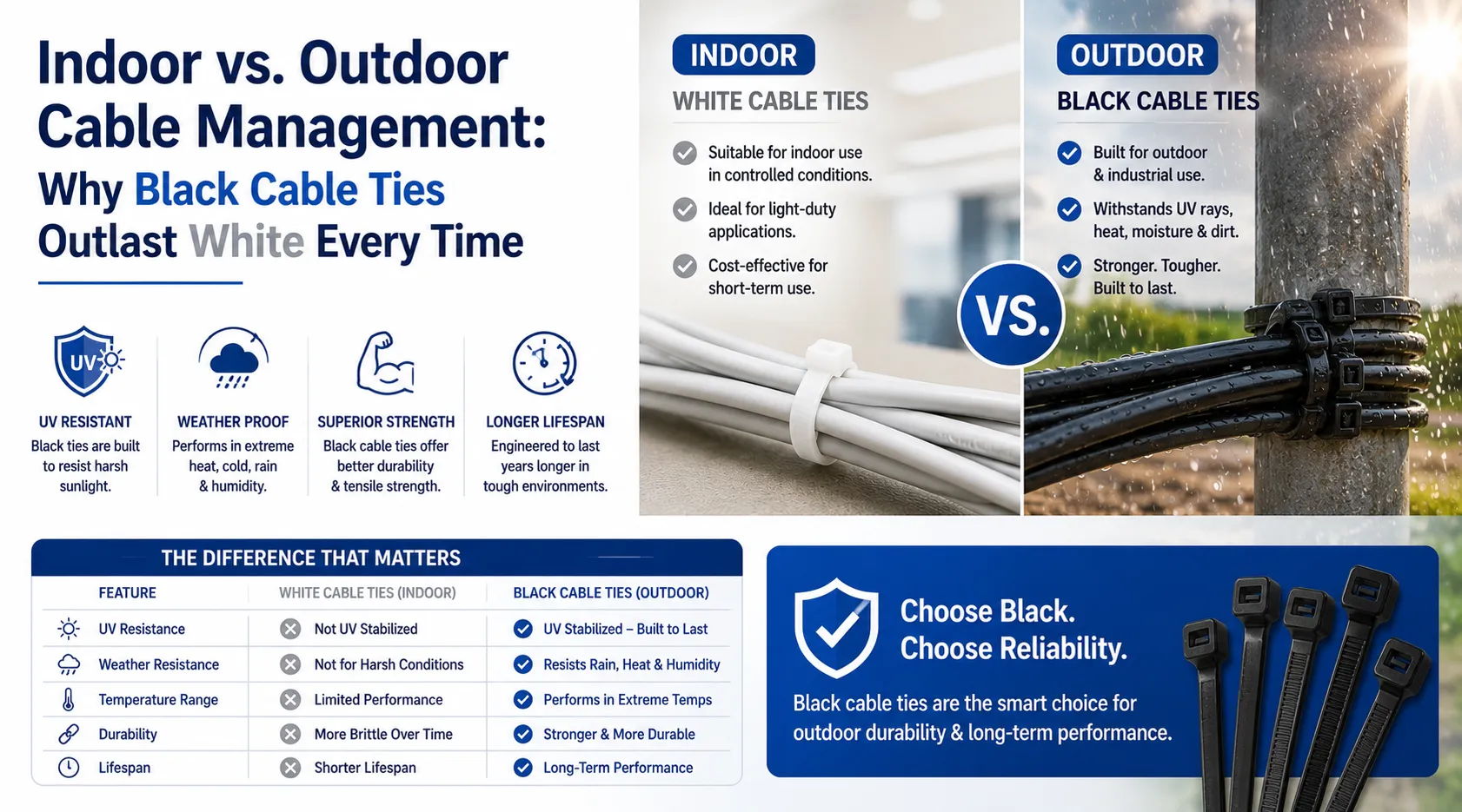 Indoor vs. Outdoor Cable Management: Why Black Cable Ties Outlast White Every Time