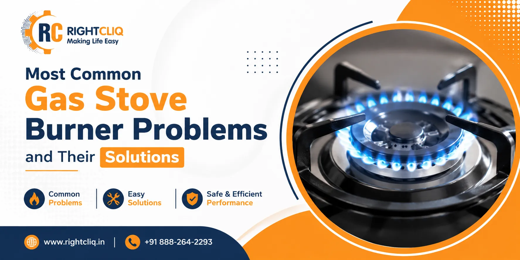 Gas stove burner with blue flame highlighting common burner problems and repair solutions banner.
