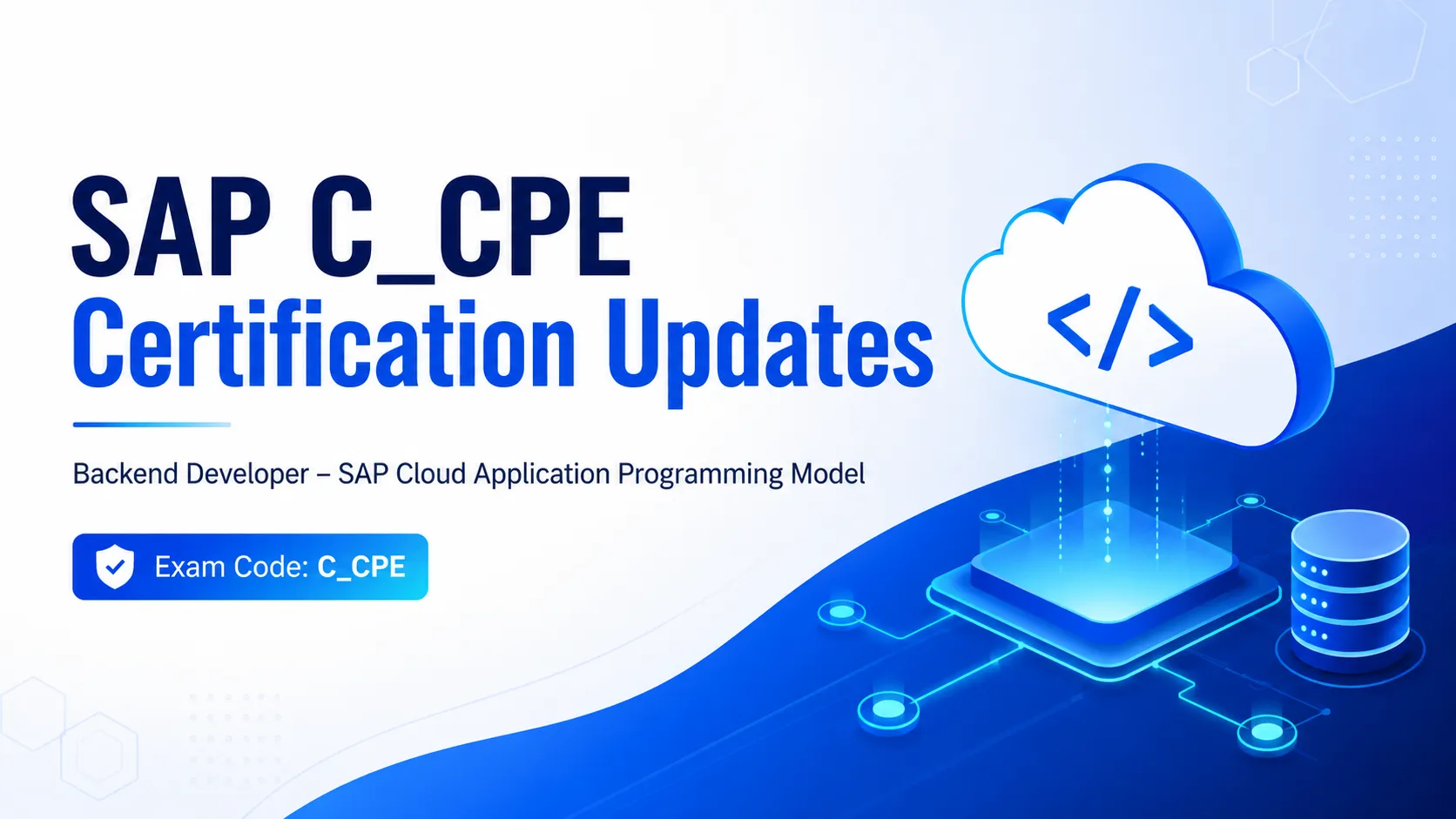 SAP C_CPE certification updates banner with cloud backend, code icon, SAP CAP, BTP platform nodes, and exam code badge.