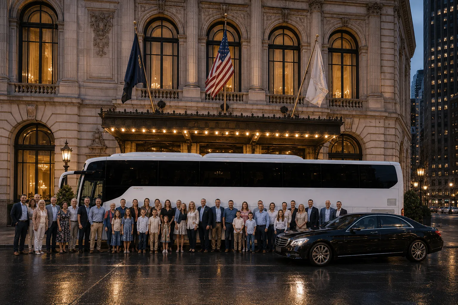 A high-quality group photo of a large family reunion standing on both sides of a white luxury coach bus parked in front of an elegant NYC-style landmark building. A black luxury sedan is positioned beside the bus, while the illuminated historic architecture fills the background. The evening setting features warm building lights, wet reflective pavement, and a sophisticated city atmosphere with no text or branding visible.