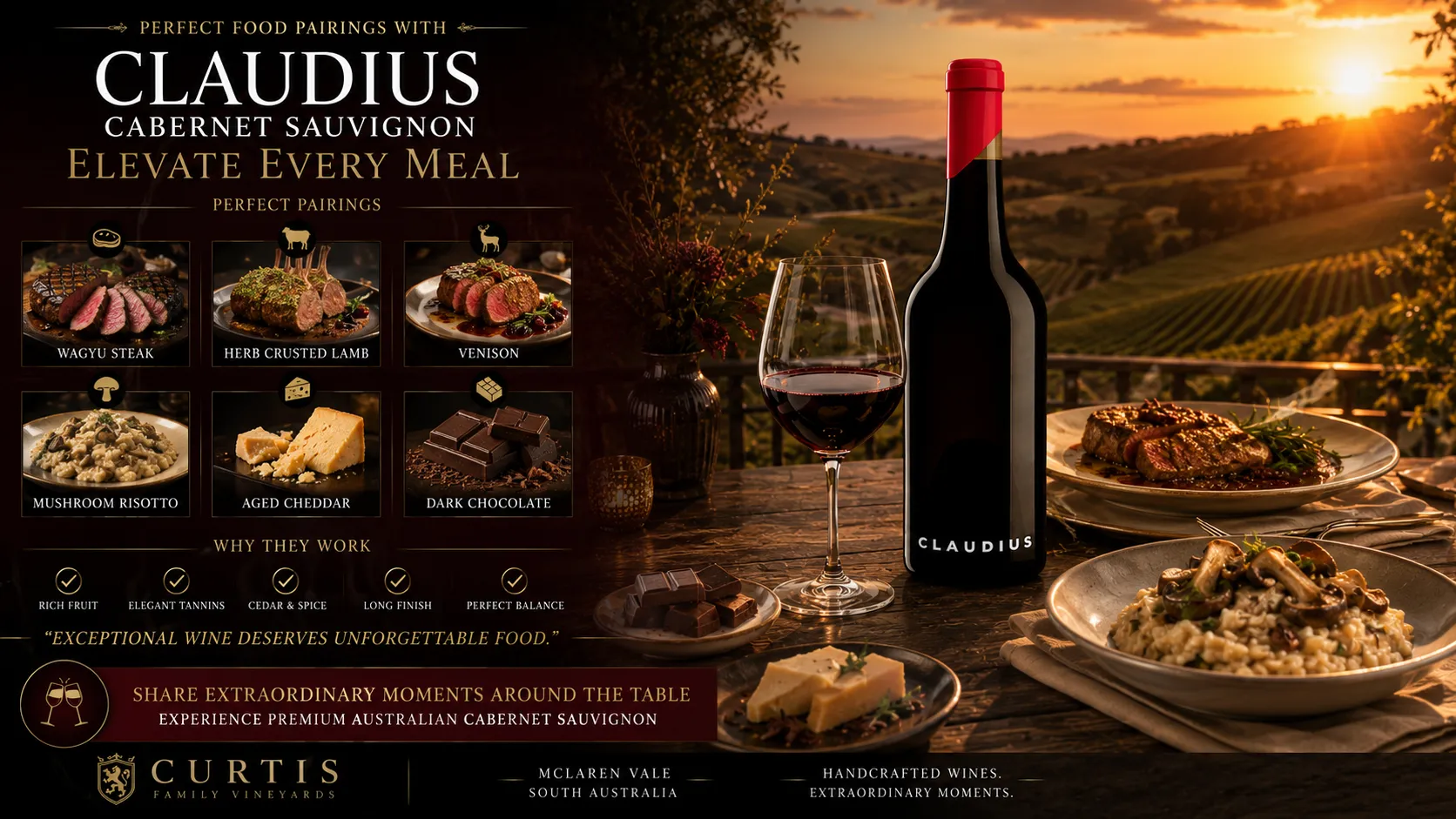 Best Food Pairings with Claudius Cabernet Sauvignon Wine in McLaren Vale, South Australia