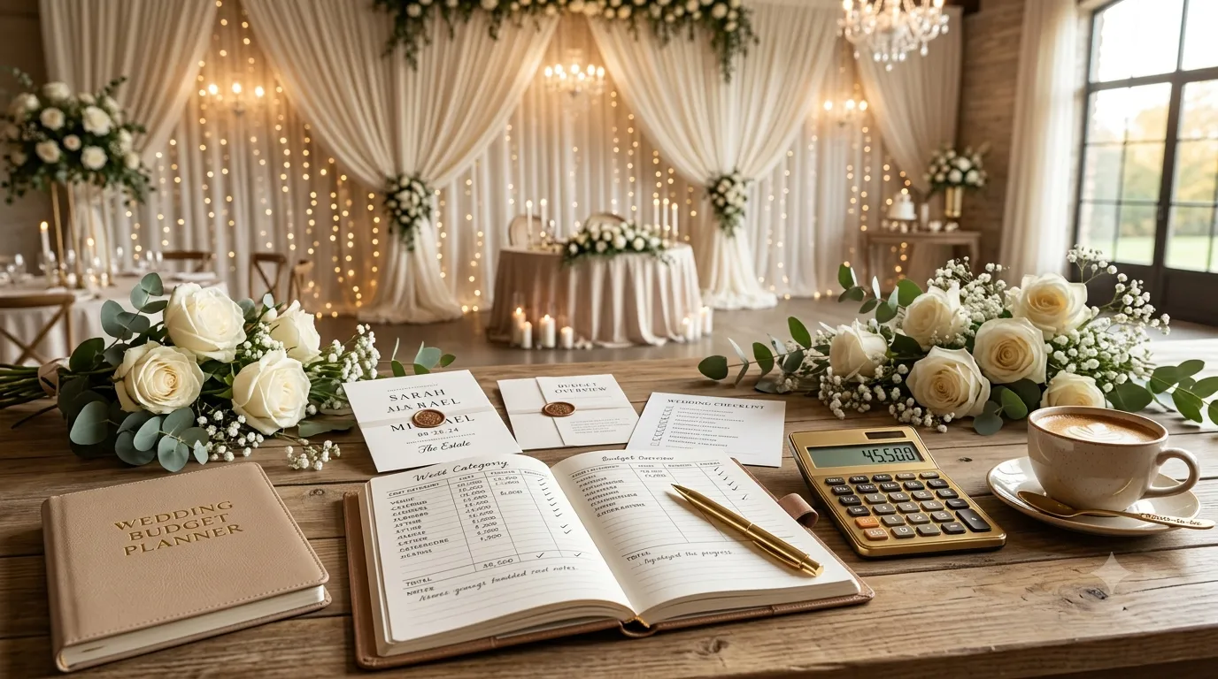 Wedding budget planner with calculator, checklist, floral décor, and luxury marriage venue setup for event planning.