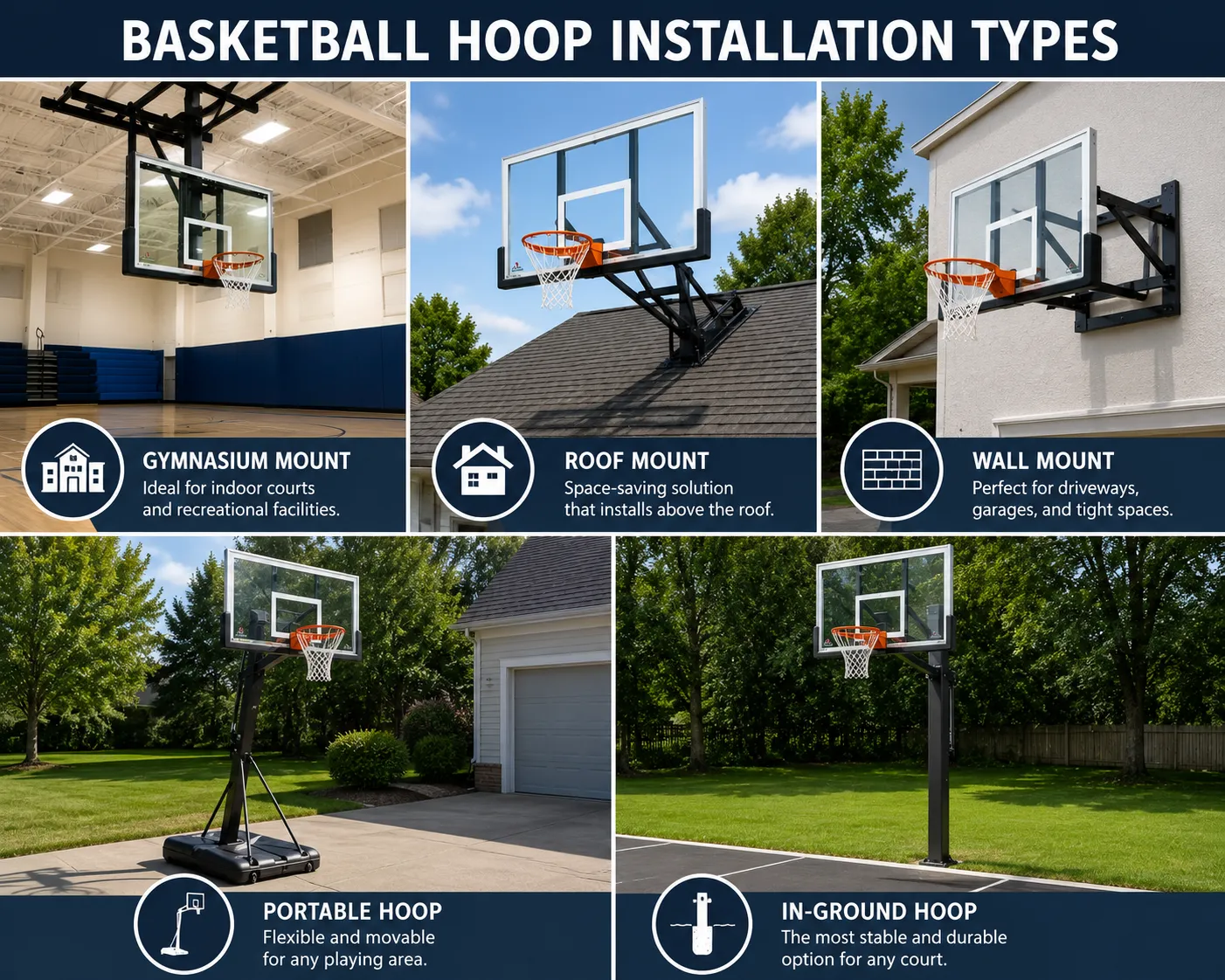 A range of basketball hoop installation types handled by Basketballs Installers."