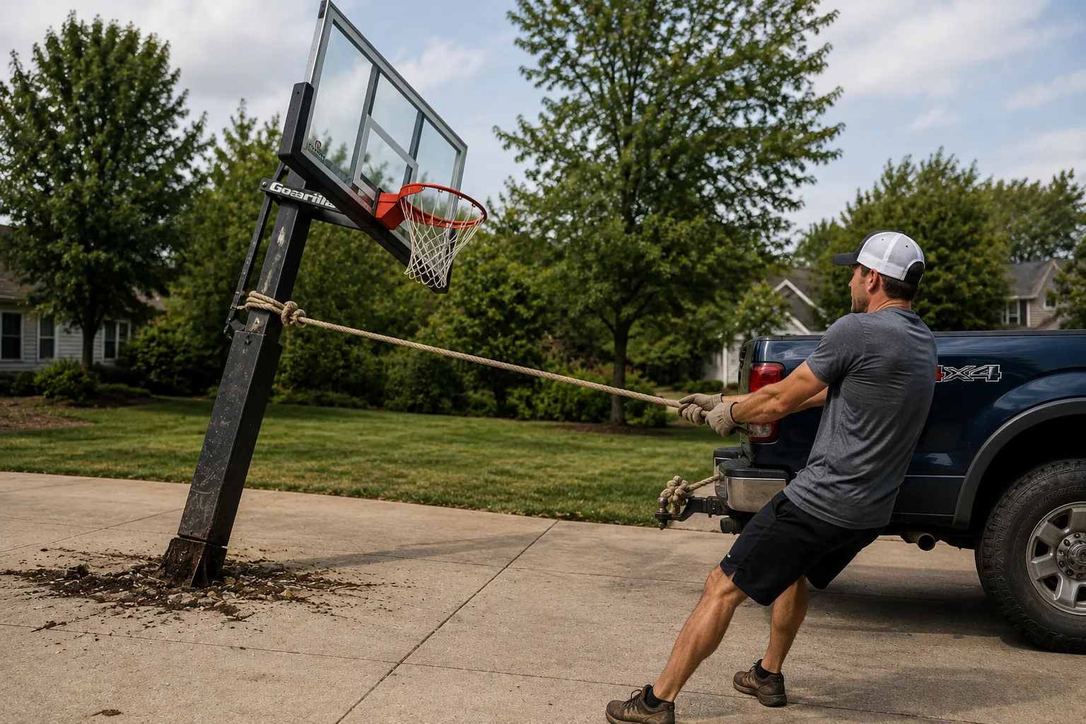 A leaning basketball hoop next to a parked car showing the hidden cost of waiting too long