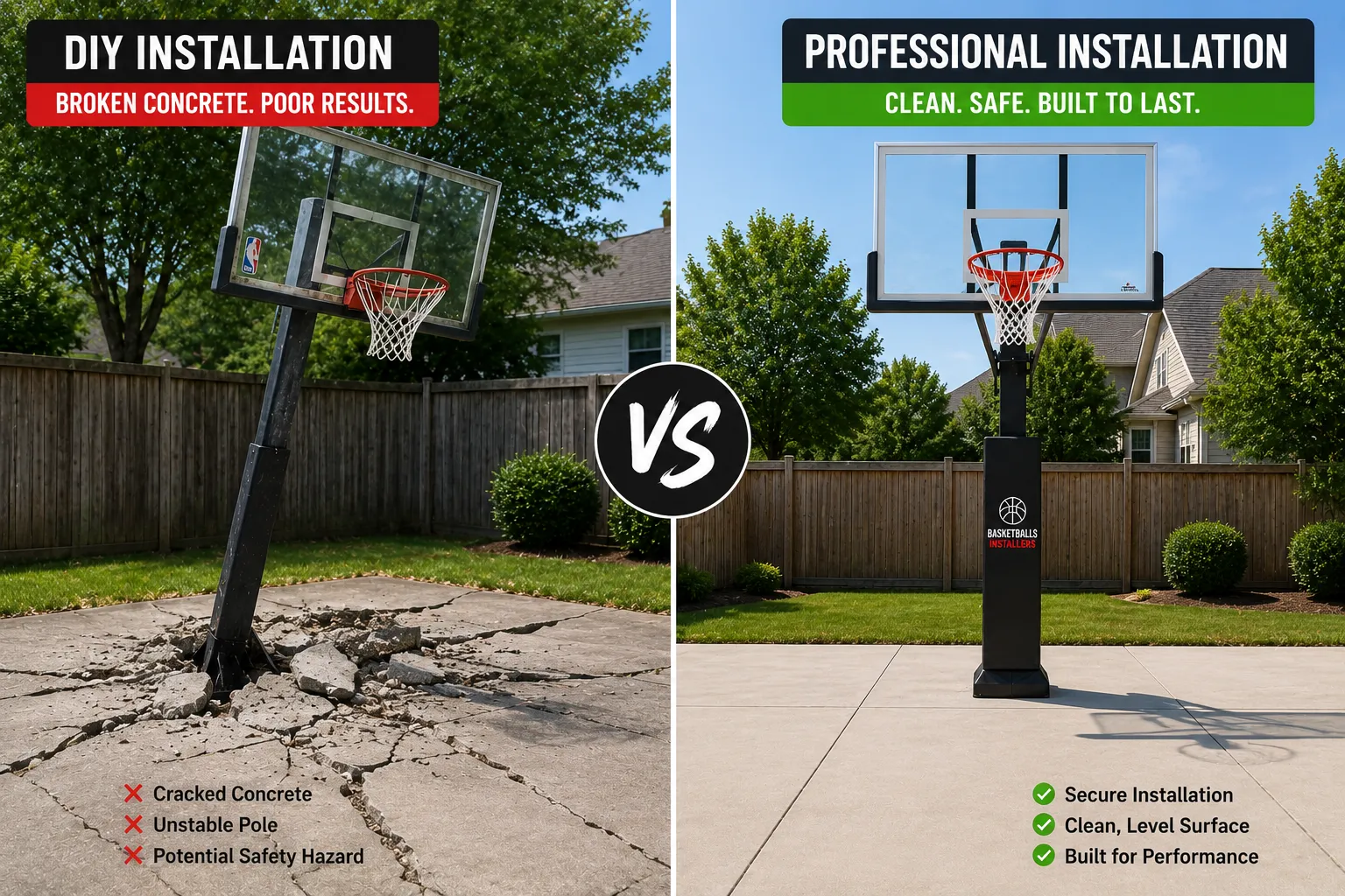 DIY basketball hoop removal versus a clean professional basketball hoop installation.