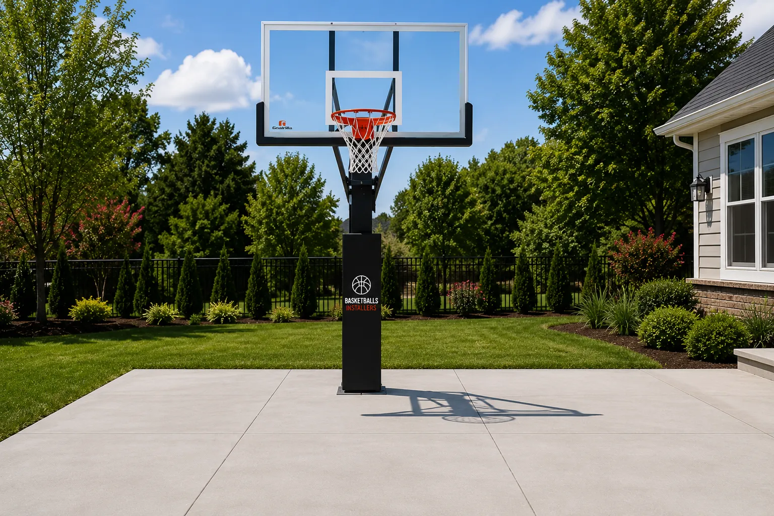 Step 4 of asketball hoop installation, a freshly poured concrete pad with a level hoop."