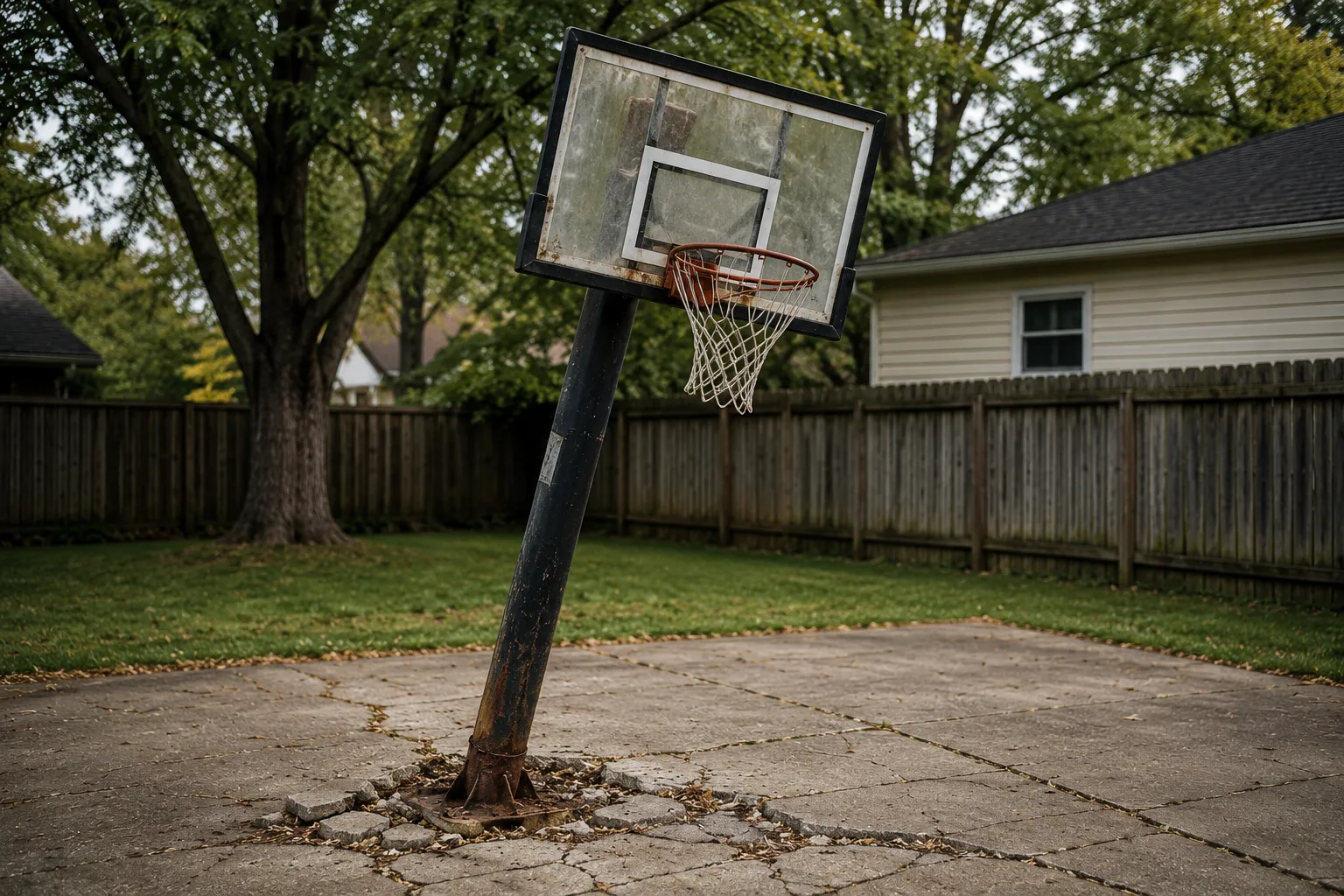 An old rusted and leaning backyard basketball hoop that may need to be removed