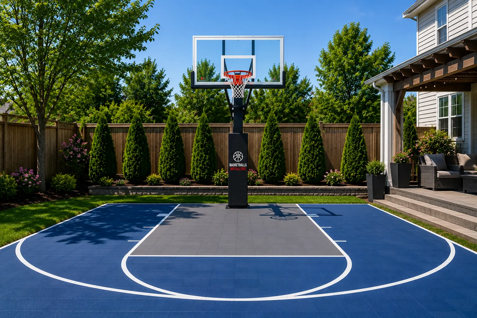 A finished backyard basketball court built by Basketballs Installers in Windsor Mill, MD.