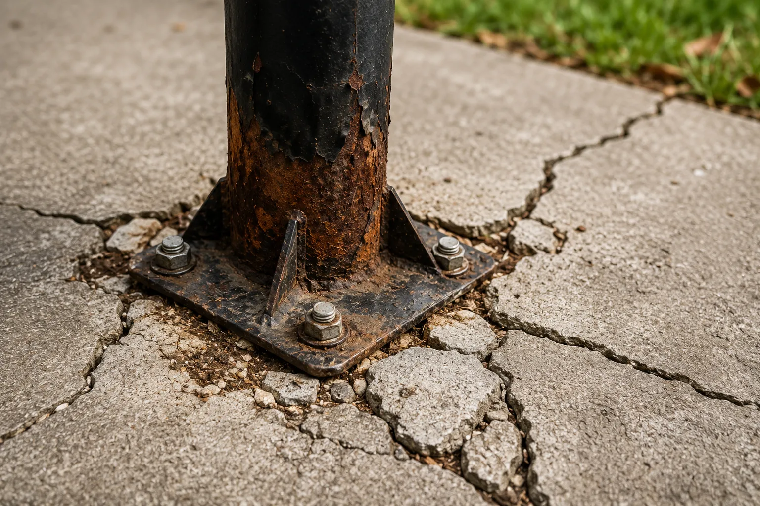 Close-up of rust and cracked concrete around a basketball goal anchor that signals end of life