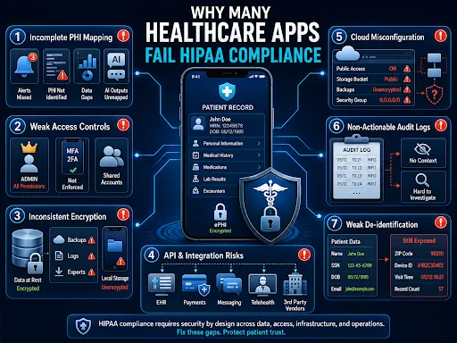 Illustrated checklist graphic for healthcare app development showing key HIPAA compliance controls, including PHI mapping, access control, MFA, encryption, secure storage, audit trails, vendor agreements, de-identification, backup testing, and regular risk reviews.