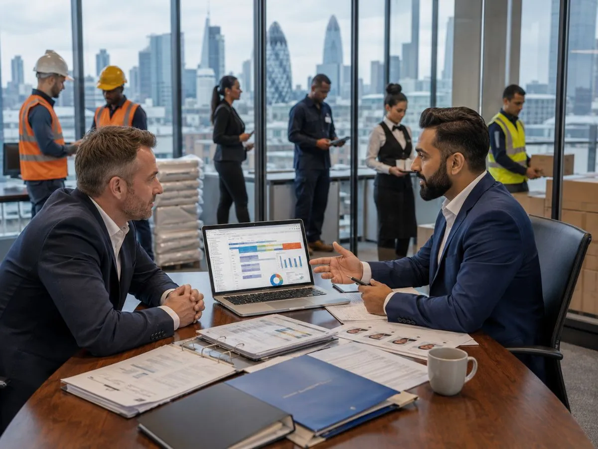 London business owner discussing workforce planning, staffing reports and recruitment strategy with a labour supply agency consultant in a modern corporate meeting room overlooking the city skyline