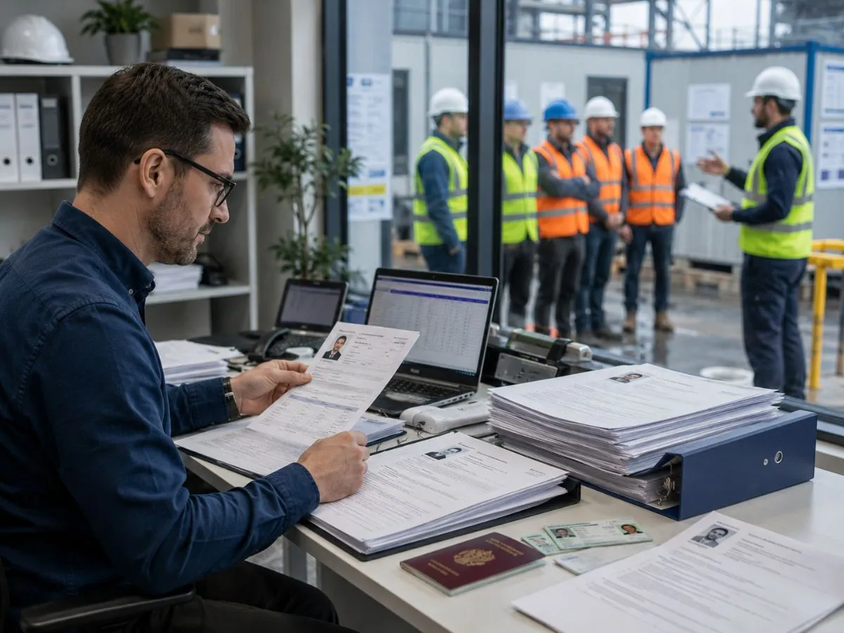 HR compliance manager reviewing right-to-work documents, employment records and safety paperwork while construction workers attend a site safety briefing in the background