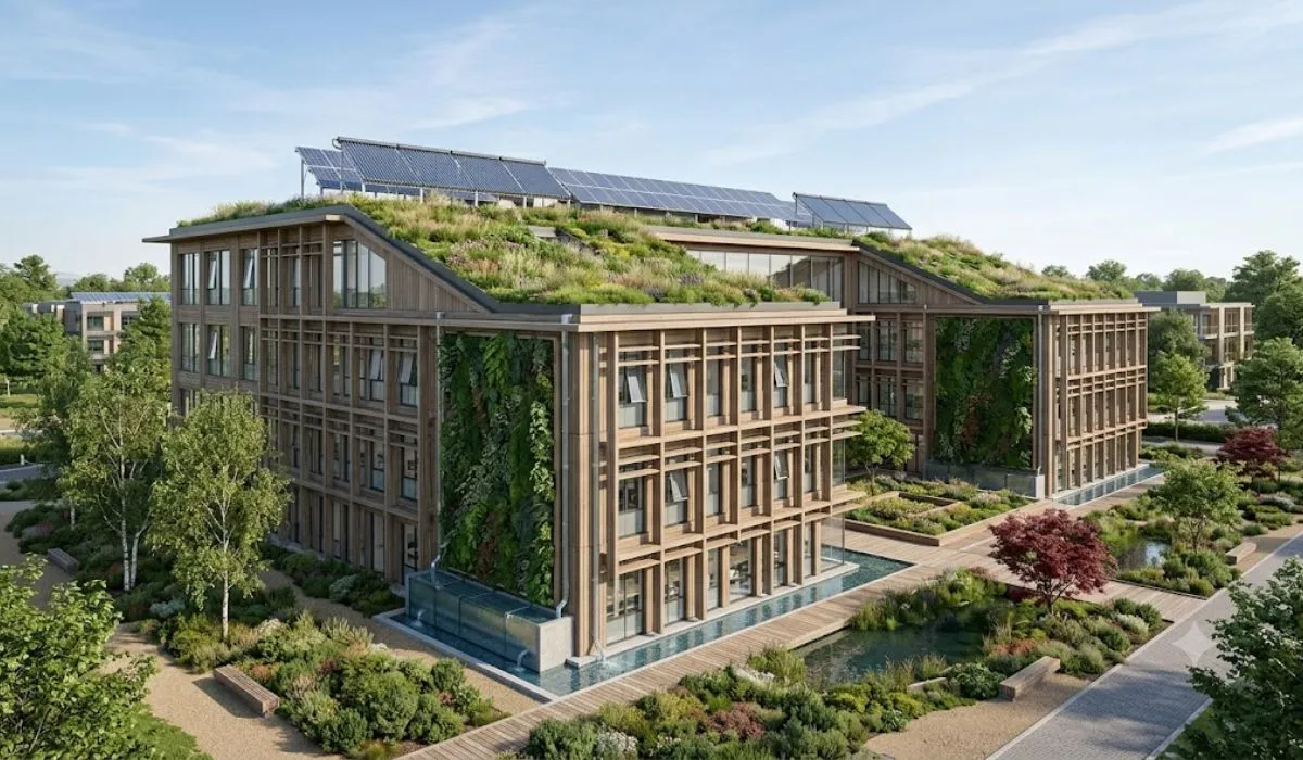 Green architecture building featuring a green roof, living walls, rooftop solar panels, sustainable landscaping, and water-efficient design.